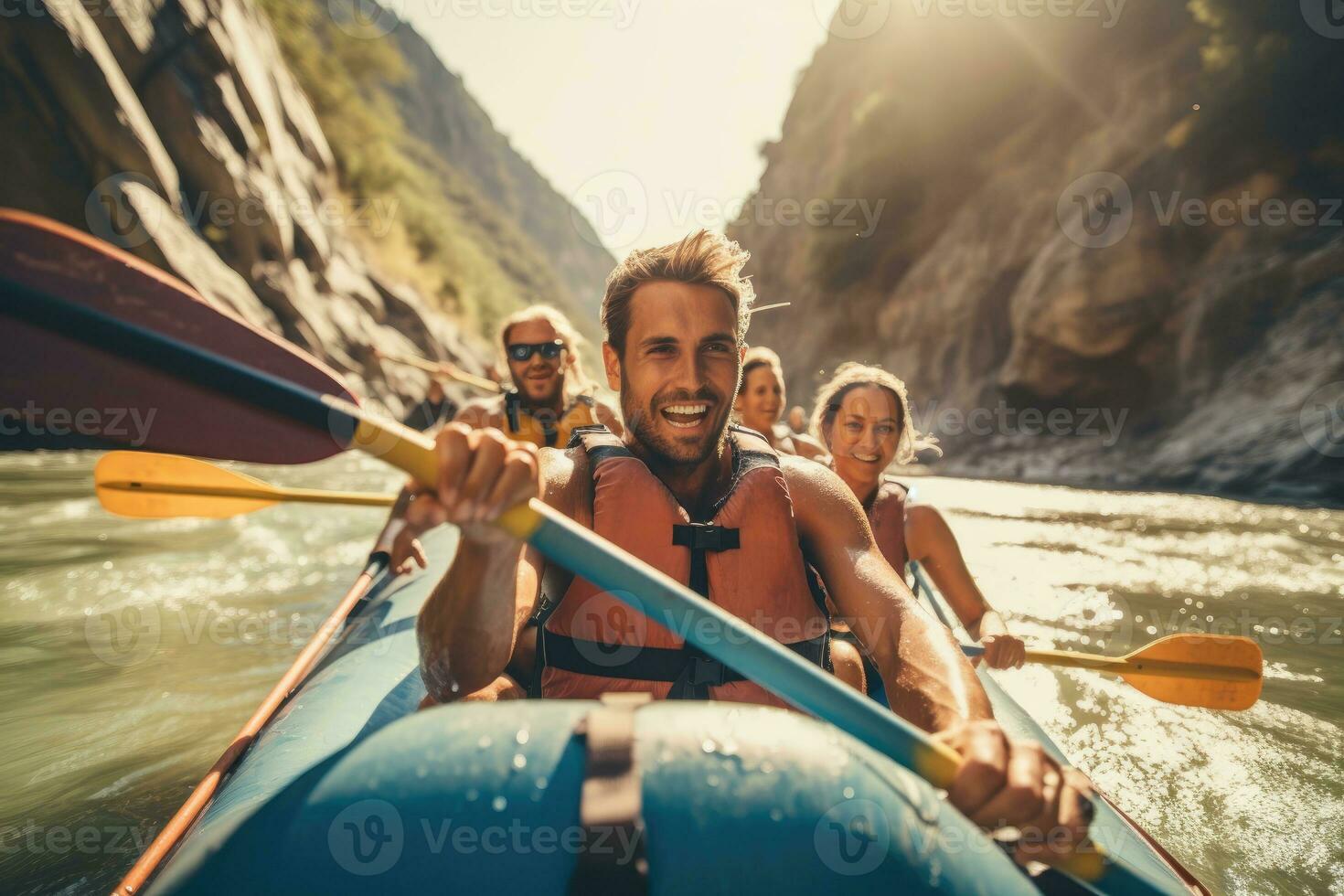 ein schließen - - oben Schuss von ein Gruppe von freunde beschäftigt, verlobt im Kajak fahren oder Rafting auf ein schnell - - fließend Fluss mit felsig Klippen im das Hintergrund. generativ ai foto