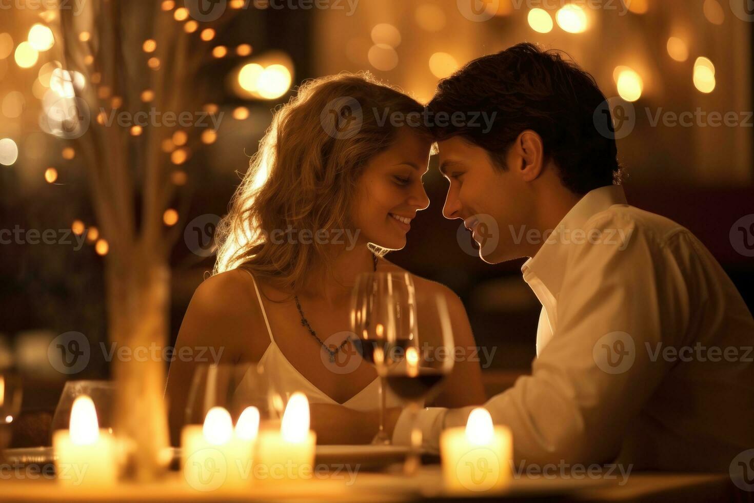 ein schließen - - oben Schuss von ein glücklich Paar genießen ein romantisch Abendessen im ein Kerzenlicht Restaurant. generativ ai foto