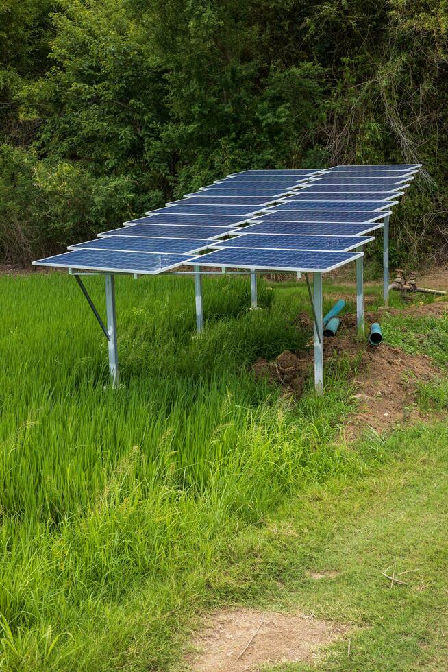 Ansichten von viele Blau Solar- Paneele Eingerichtet wie Dach Unterstände auf Stahl Stangen. foto