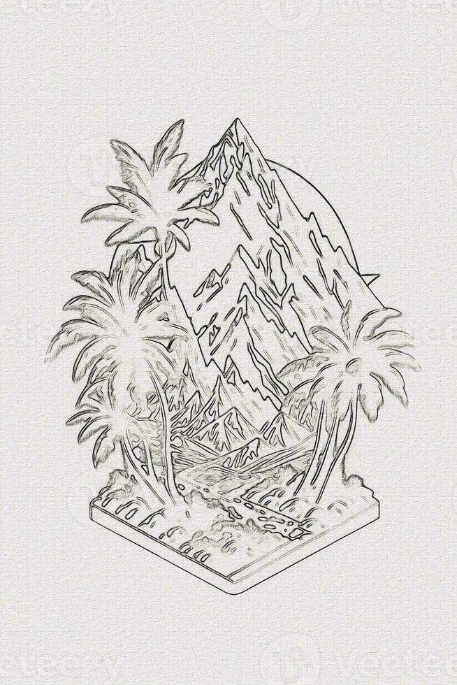 handgemalt Gliederung skizzieren von Sonnenuntergang, Berg, und Palme Baum Illustration zum T-Shirt Design foto