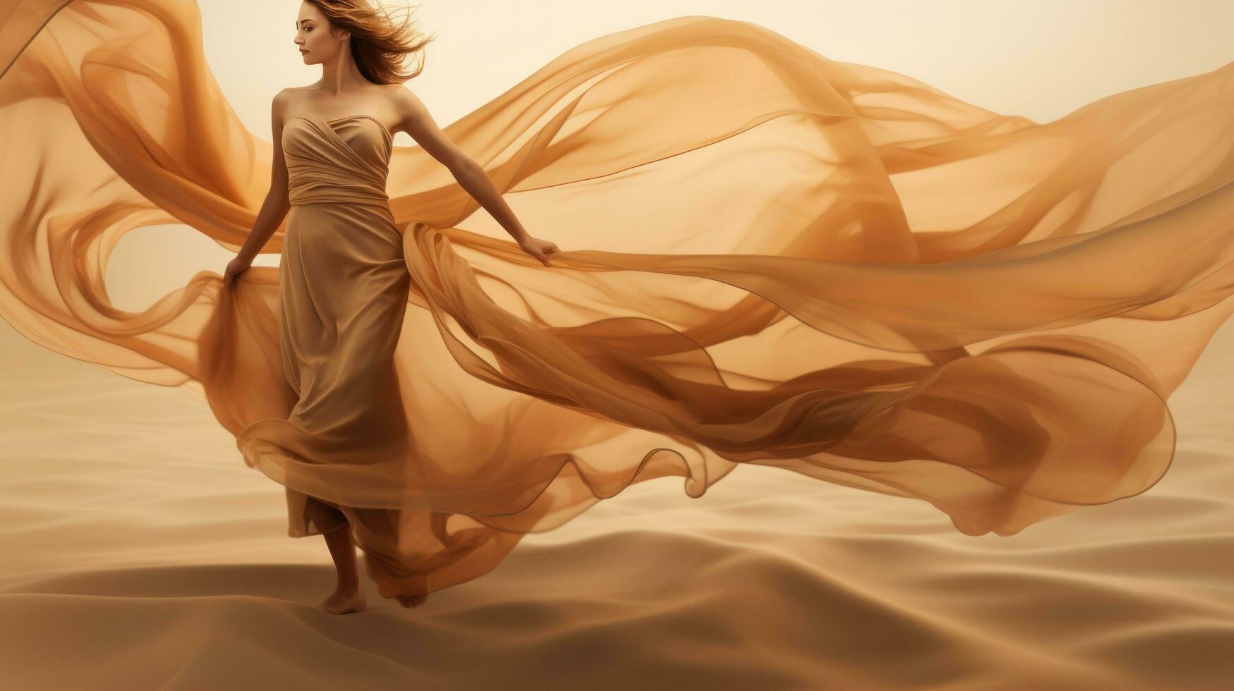 Frau im Beige fliegend Kleid foto