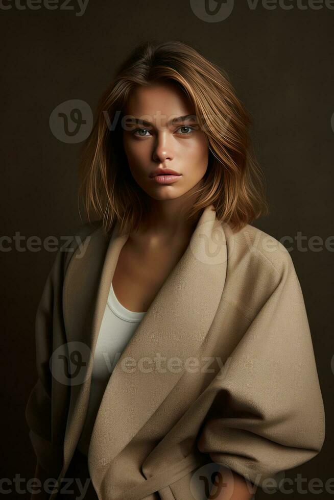 Mode Modell- Mädchen im Beige Mantel foto