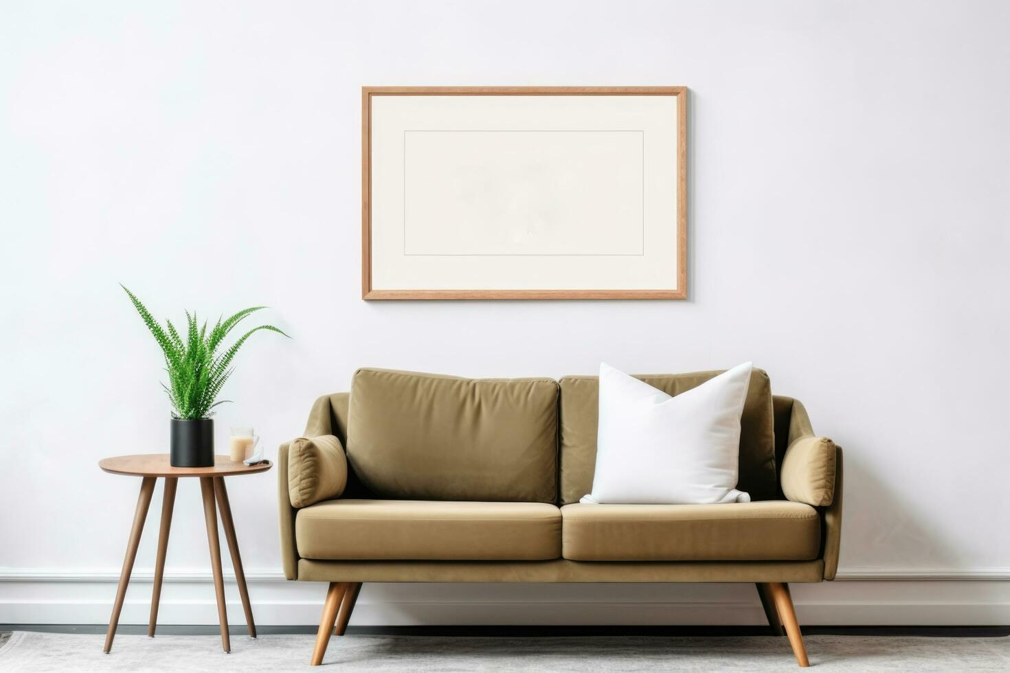 Poster Rahmen Attrappe, Lehrmodell, Simulation im ein Leben Zimmer Licht braun Couch ai generiert foto