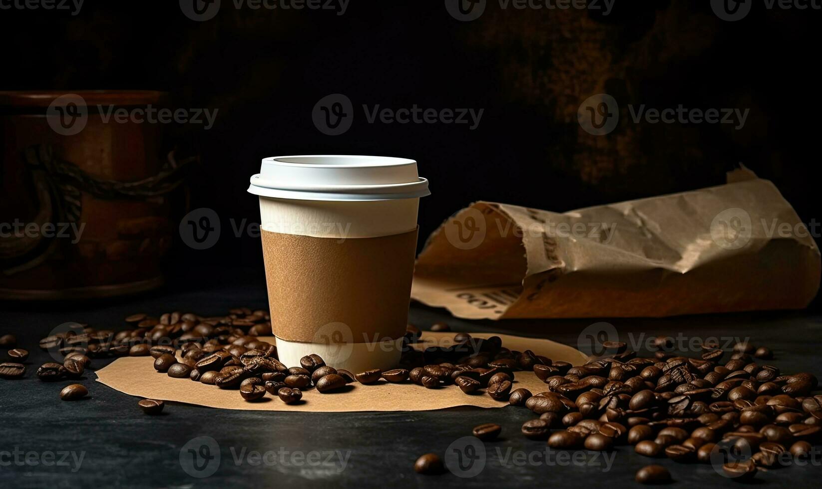 Kaffee mit Croissant und Kaffee Bohnen auf schwarz Hintergrund ai generativ foto
