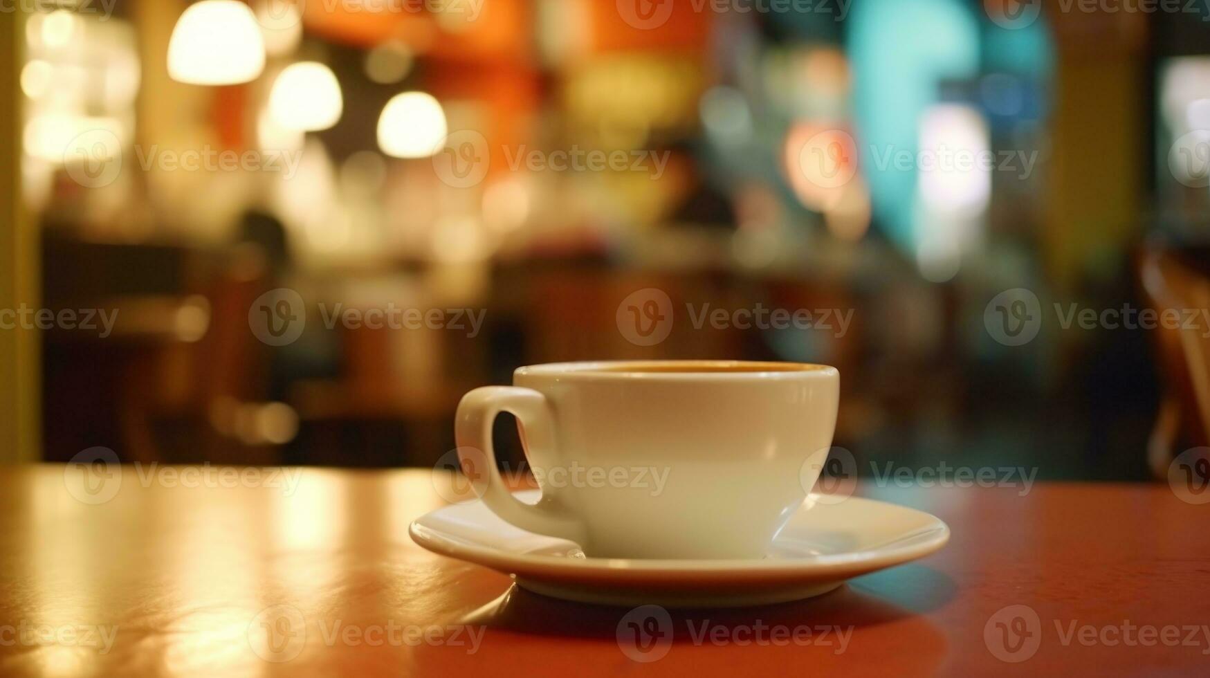 Kaffee Tasse auf hölzern Tabelle im Kaffee Geschäft mit verschwommen Hintergrund, ai generativ foto