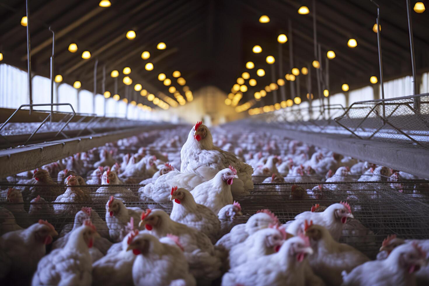 Hähnchen Bauernhof zum wachsend Broiler Hühner zu das Alter von einer und ein Hälfte Monate, ai generativ foto