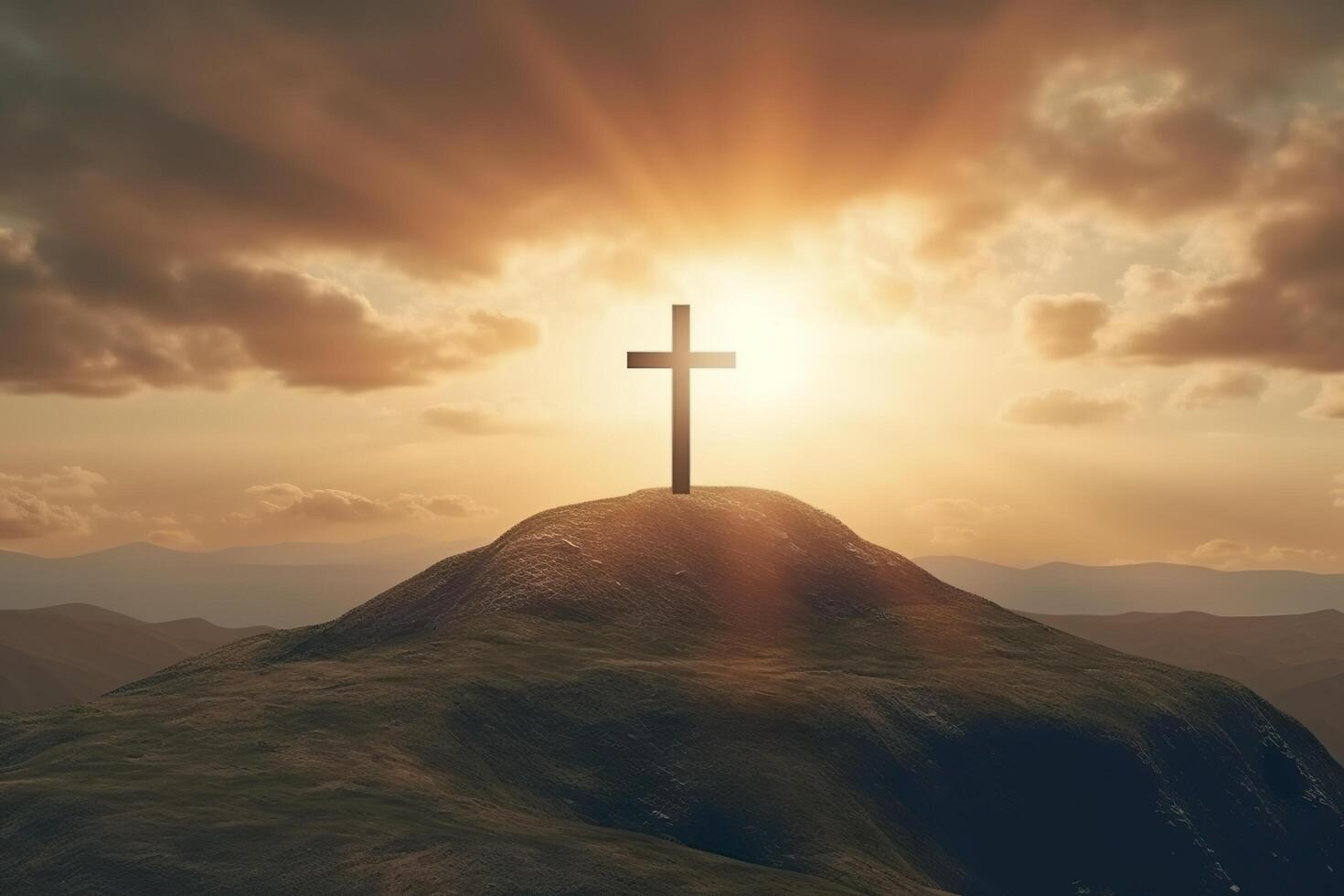 das Kreuz von Gott im das Strahlen von das Sonne. Kreuz auf das hügel. religiös Konzept. ai generativ foto