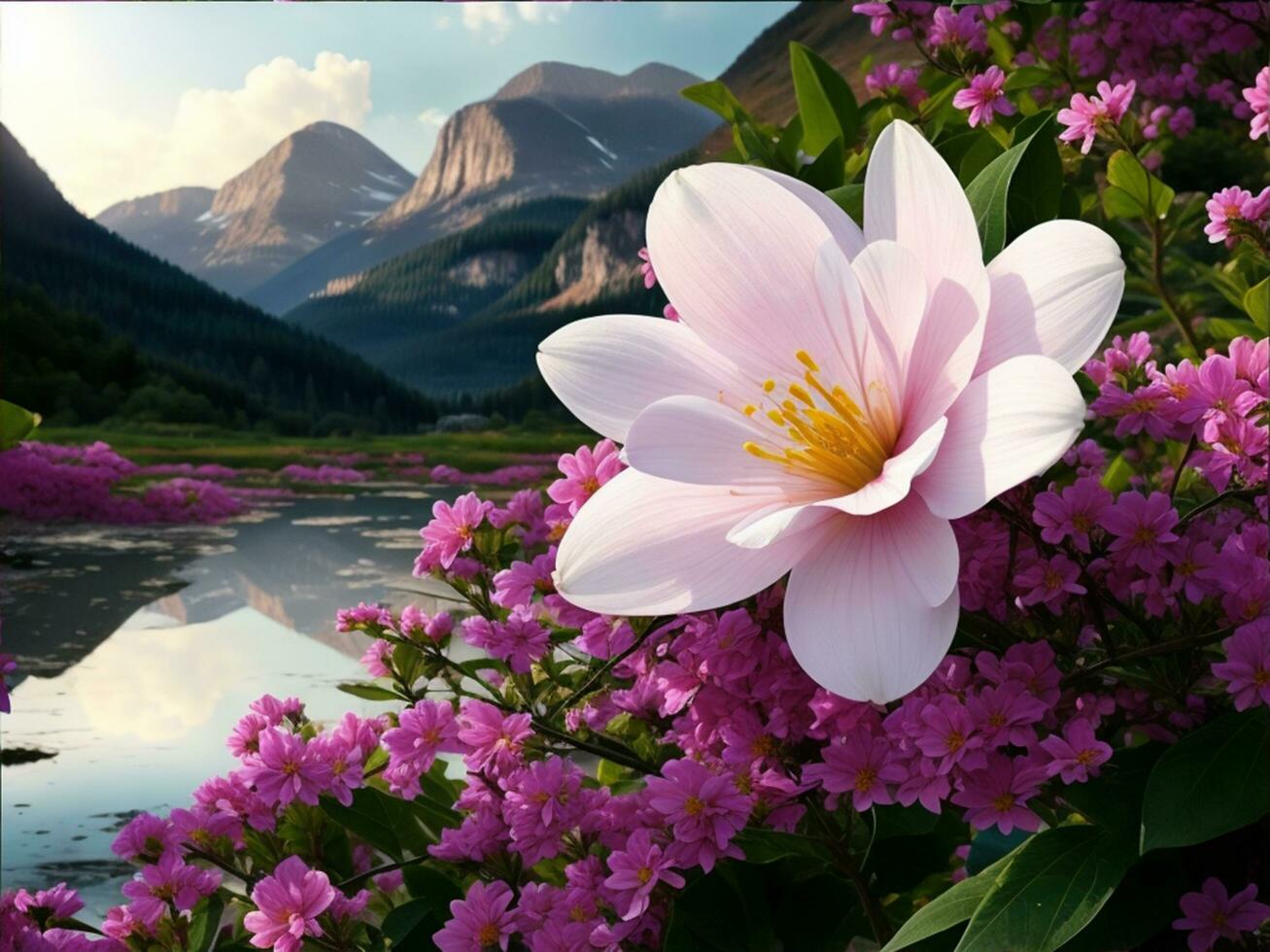 schön Blumen mit schön Landschaft. ai Bild generieren foto