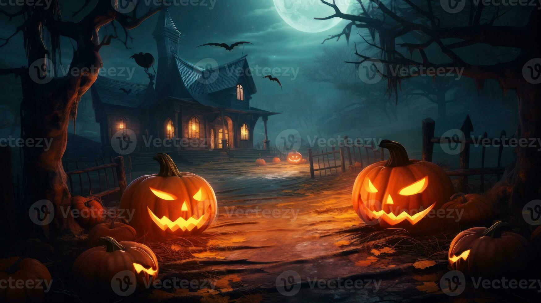 Kürbisse leuchten ein Wald Friedhof unter das Nacht Baum. Halloween Hintergrund. ai generiert foto