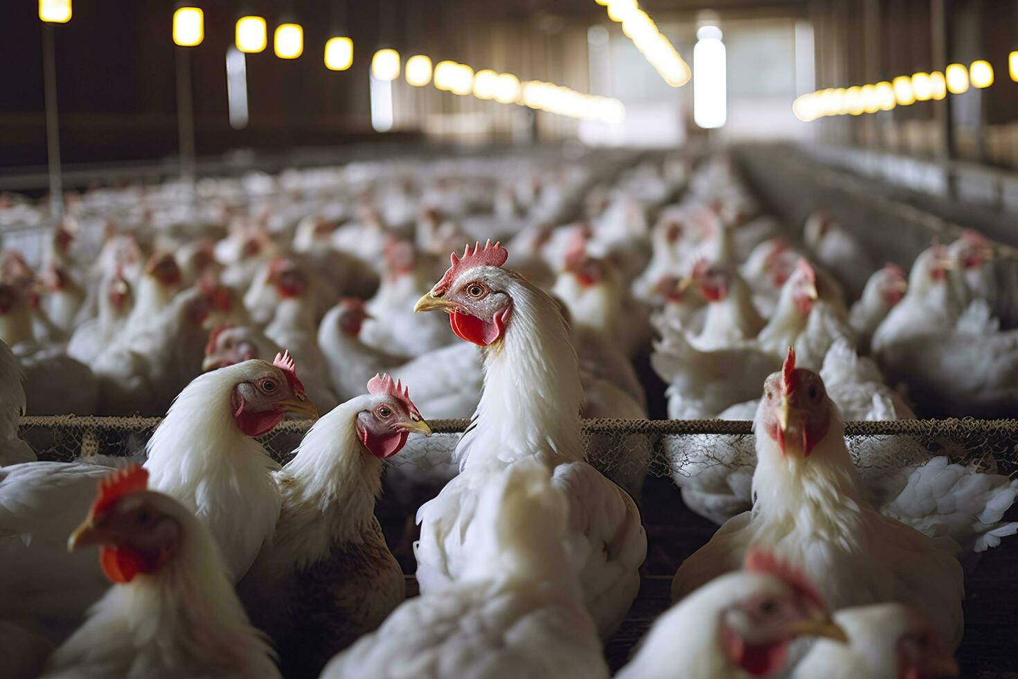 Hähnchen Bauernhof zum wachsend Broiler Hühner zu das Alter von einer und ein Hälfte Monate, ai generativ foto