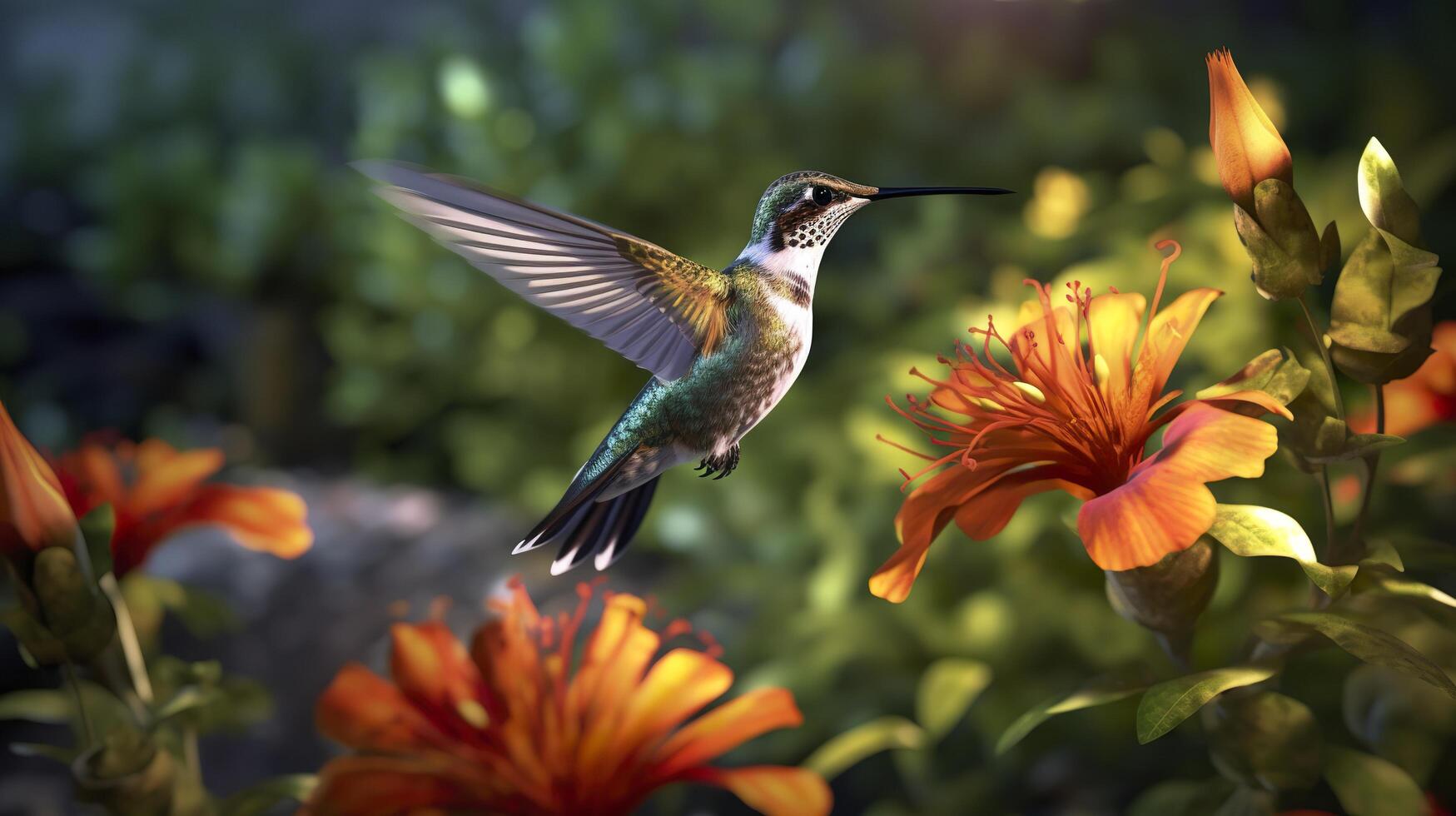 Kolibri fliegend zu wählen oben Nektar von ein schön Blume. Digital Kunstwerk. ai generativ foto