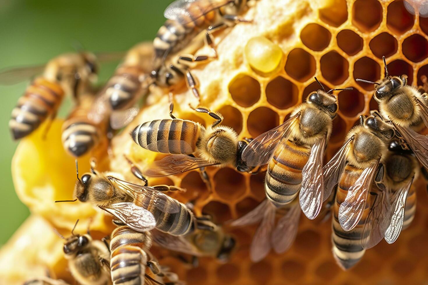 Honig Bienen auf Bienenwabe im Bienenhaus im Sommer, Honig Bienen kommunizieren mit jeder andere, ai generativ foto