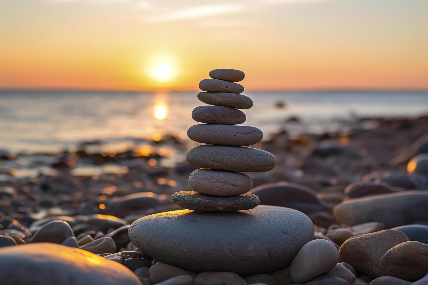 Kieselsteine gestapelt auf das Strand mit Sonnenuntergang im das Hintergrund. ai generativ foto