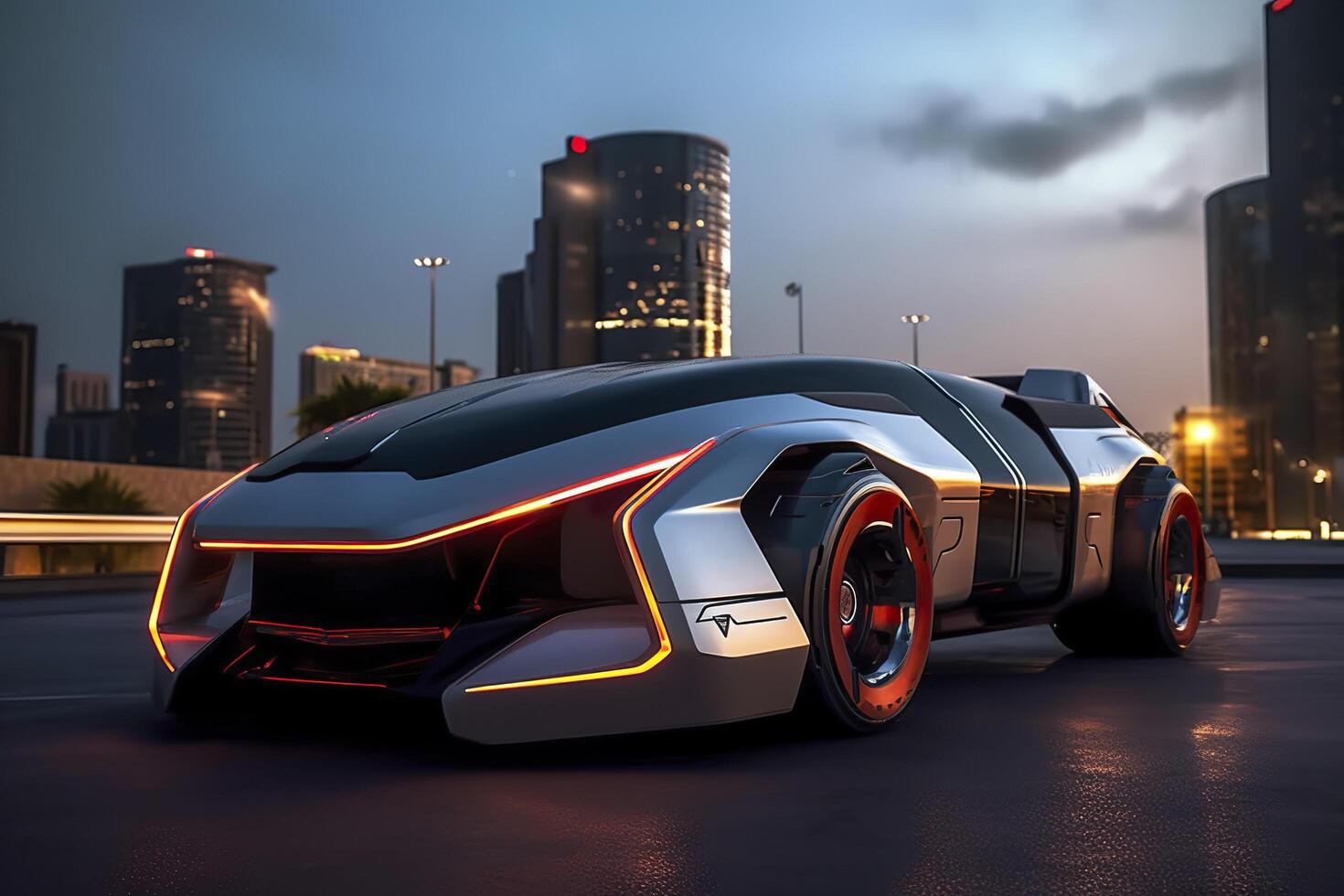 23 .. Jahrhundert futuristisch LKW mit hyper modern Antrieb, breit Winkel Linse, und futuristisch Wolkenkratzer im das Hintergrund. ai generativ foto