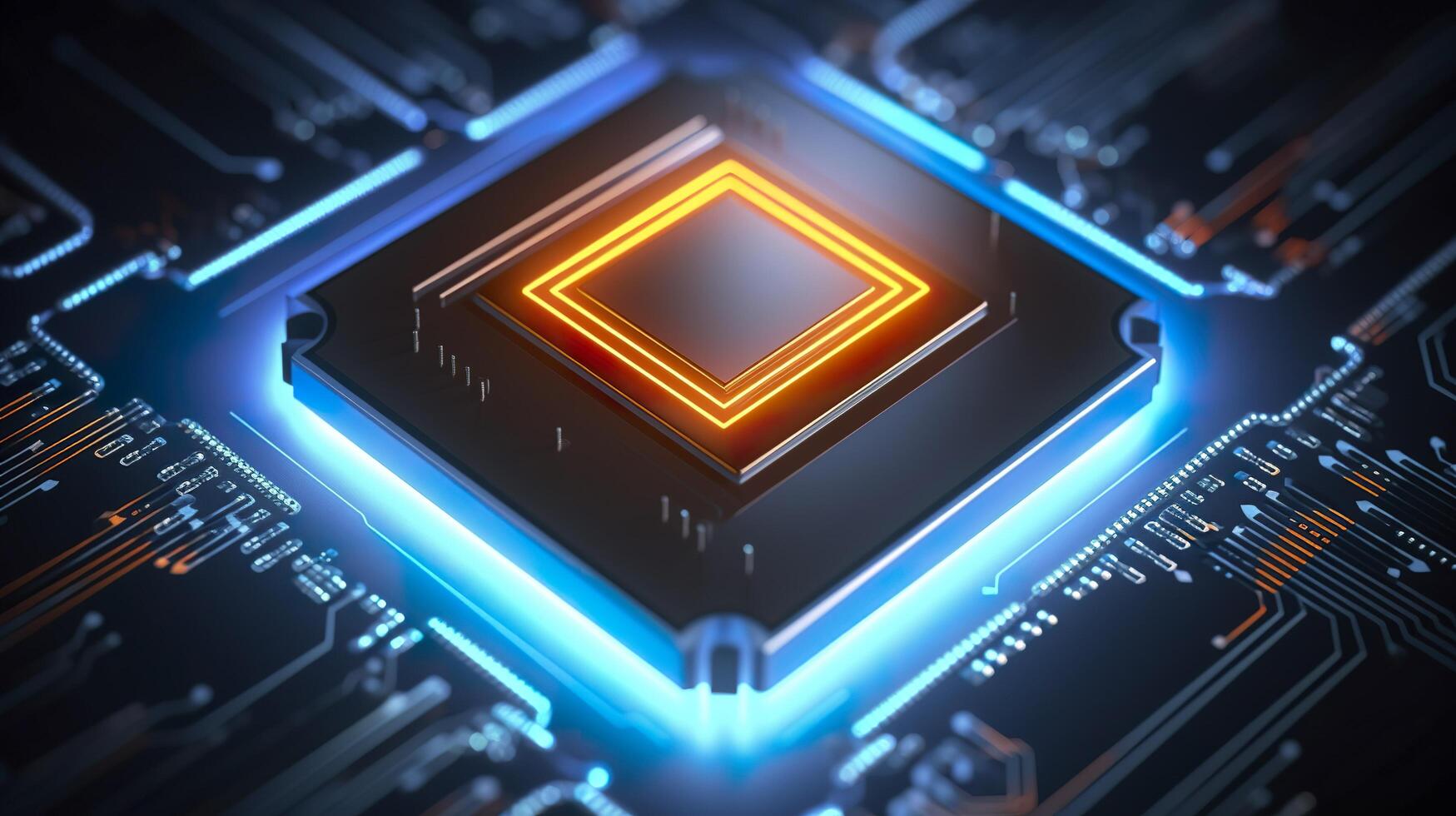 oben Aussicht von ein Chip mit glühend Licht und Nebel im Orange und Blau. ai generativ foto