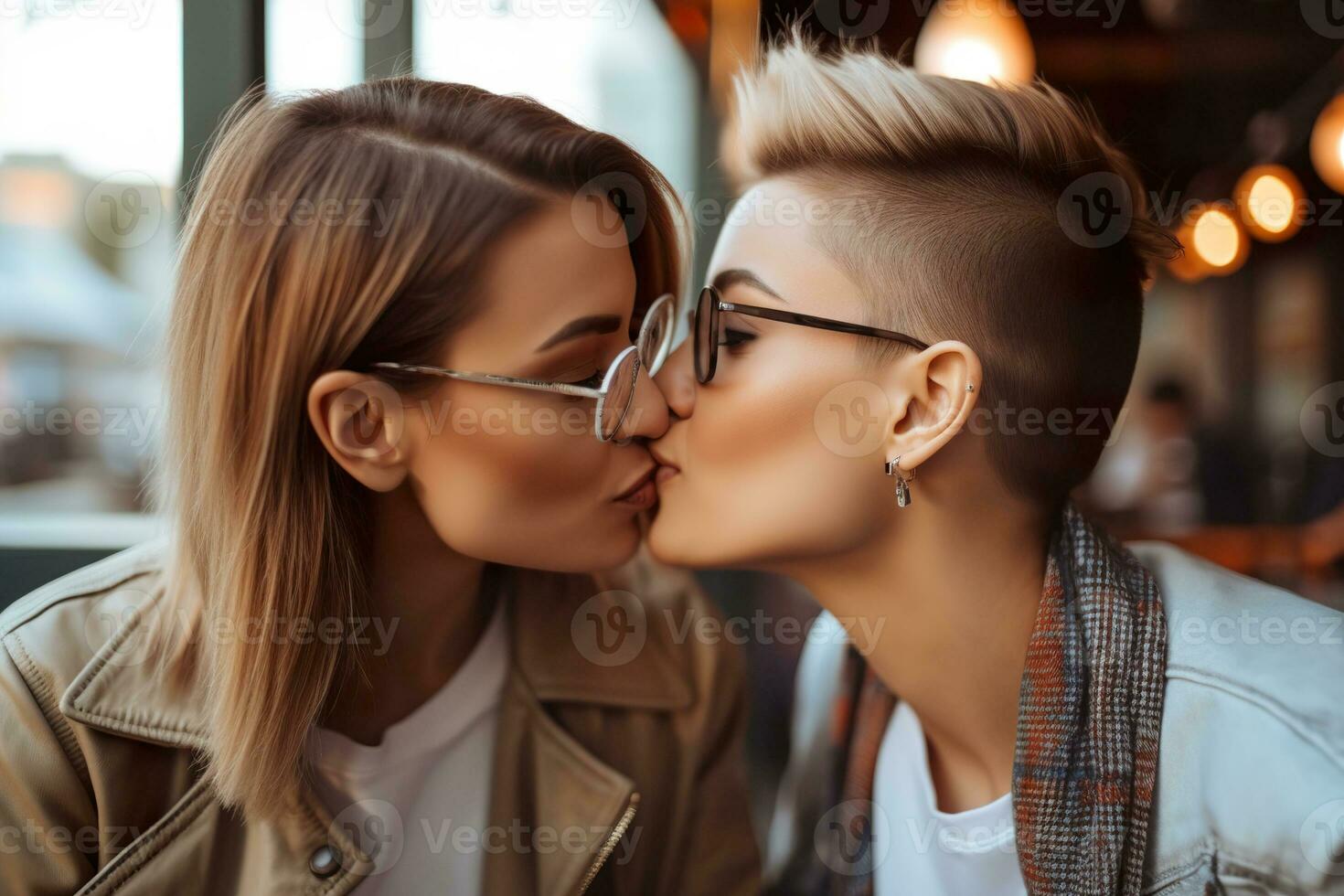 zwei jung Frauen Ausgaben Zeit zusammen, küssen. LGBT, Lesben Paar, Beziehung. Diversität, Homosexualität. Partner mit nicht traditionell Sexual- Orientierung. sinnlich Moment. generativ ai. foto