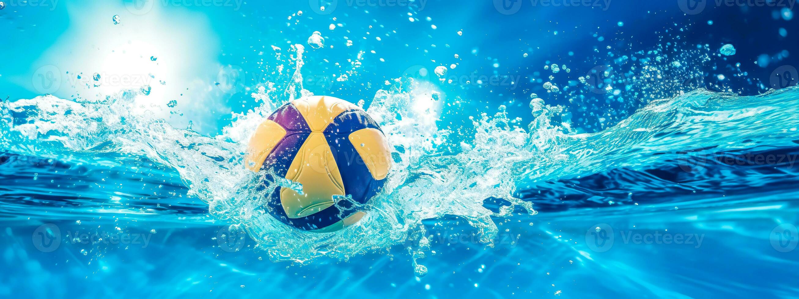 Sport, Wasser Polo Spiel, Ball fallen in Wasser, Blau Banner gemacht mit generativ ai foto