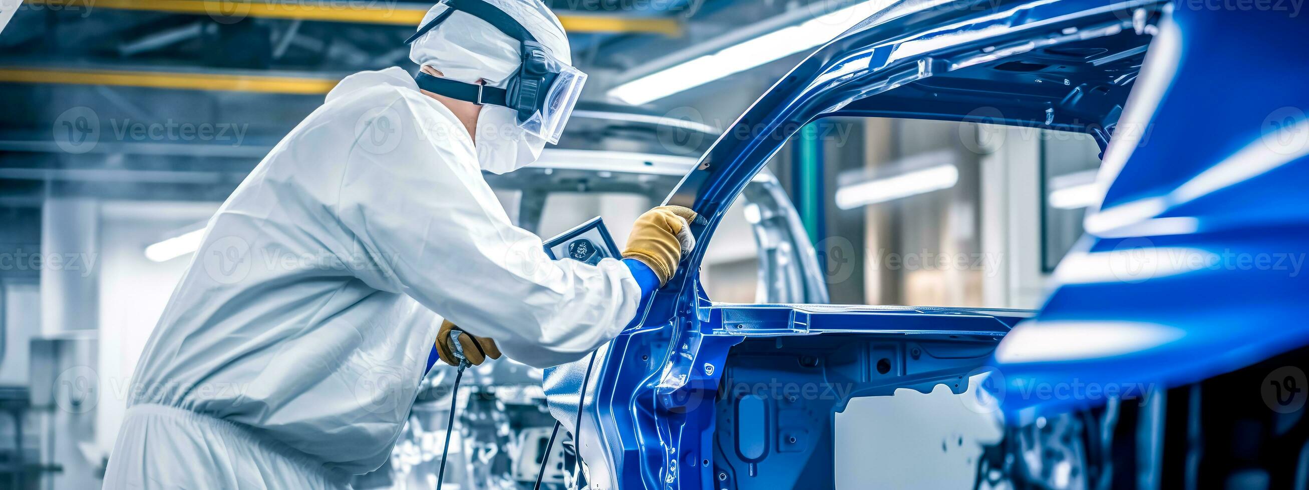 das Ingenieur prüft das Qualität von Auto Produktion auf das automatisch Linie im das Fabrik, gemacht mit generativ ai foto