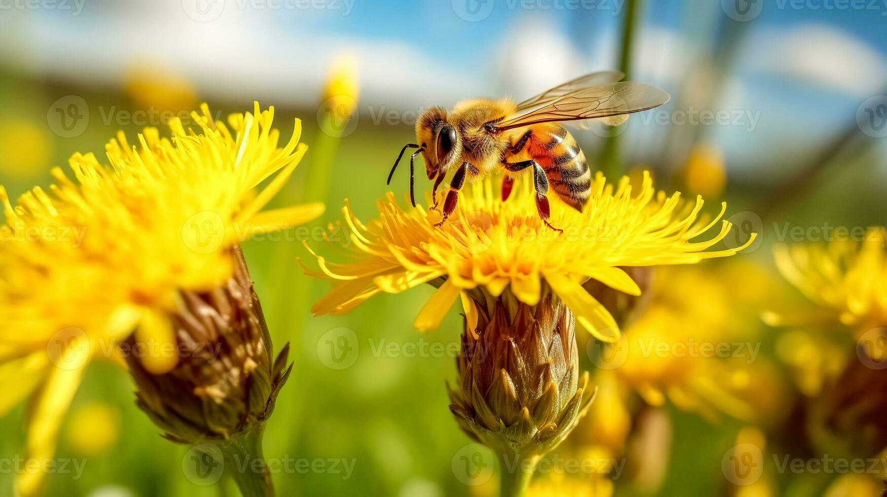 ein Biene sammelt Nektar von ein Gelb Blume im ein Wiese, gemacht mit generativ ai foto