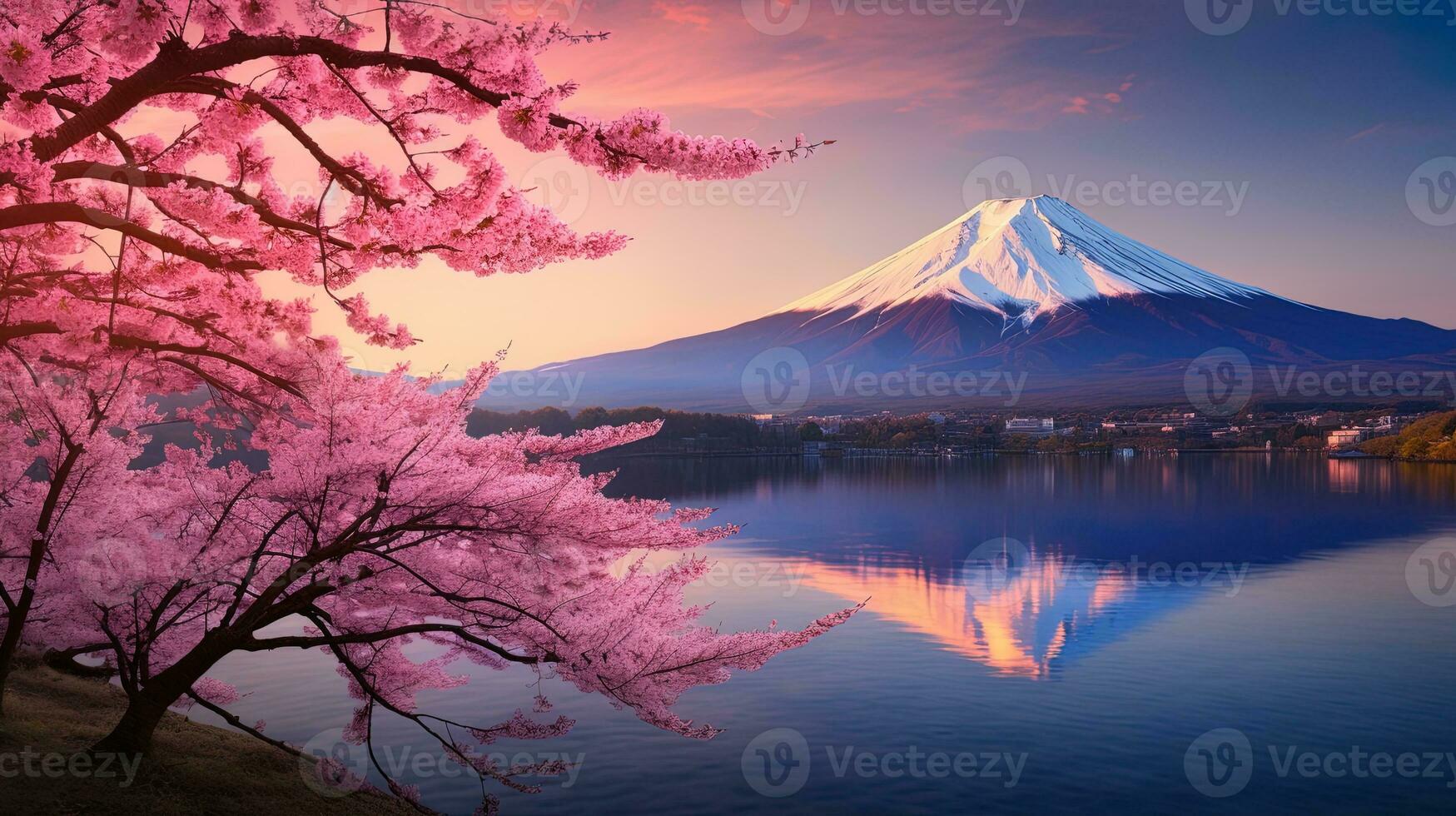 Foto von Kirsche Blüten und montieren Fuji im Frühling, Japan, generiert durch ai