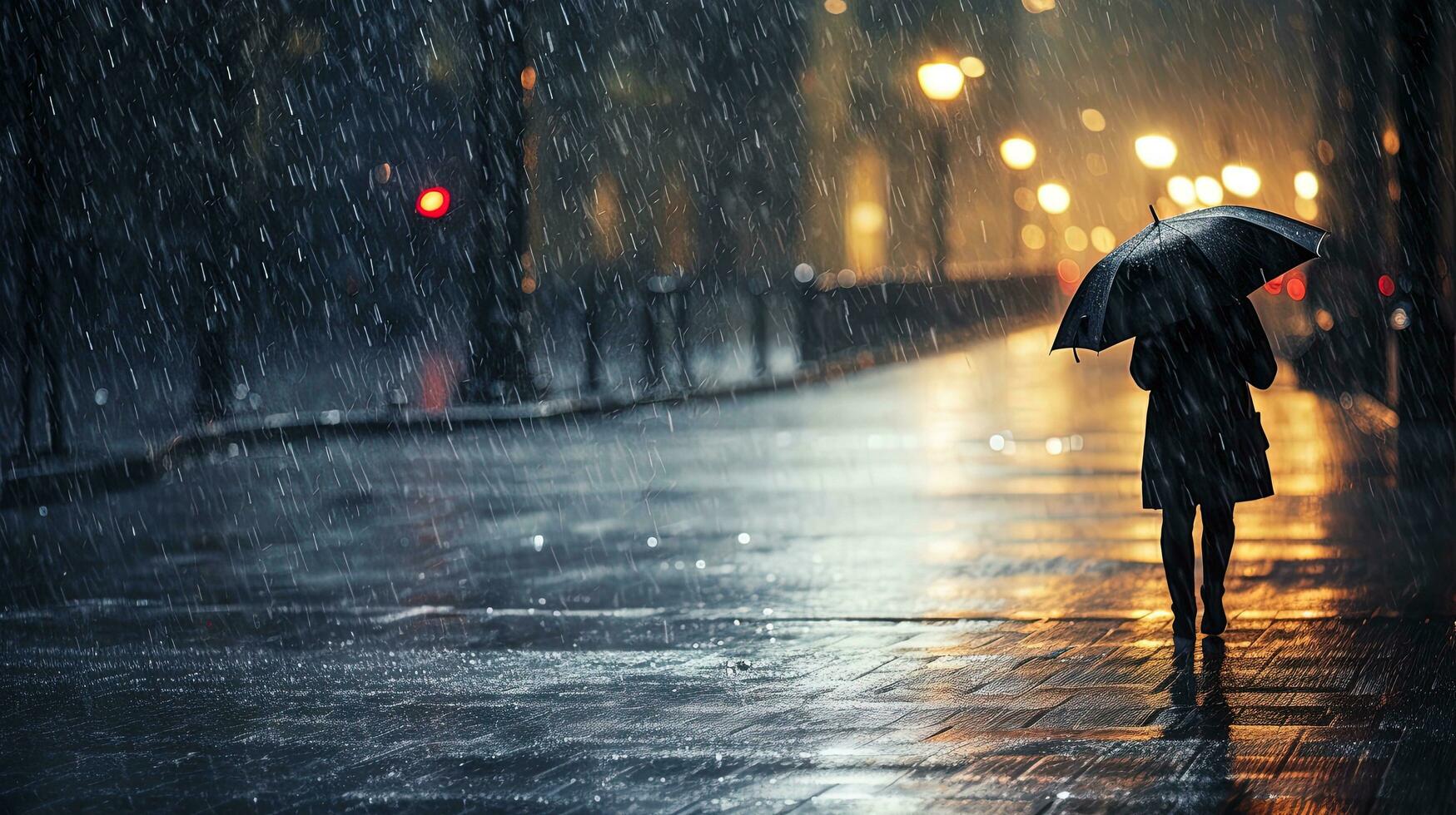 ein Foto von ein Mann mit ein Regenschirm im das Mitte von schwer Regen, generiert durch ai