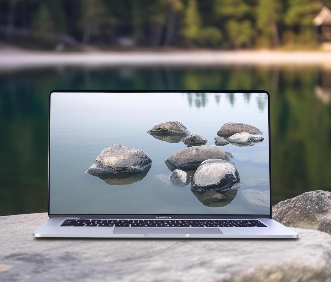 Laptop Attrappe, Lehrmodell, Simulation Vorlage mit Anzeige Bildschirm mit Natur Hintergrund, generativ ai foto