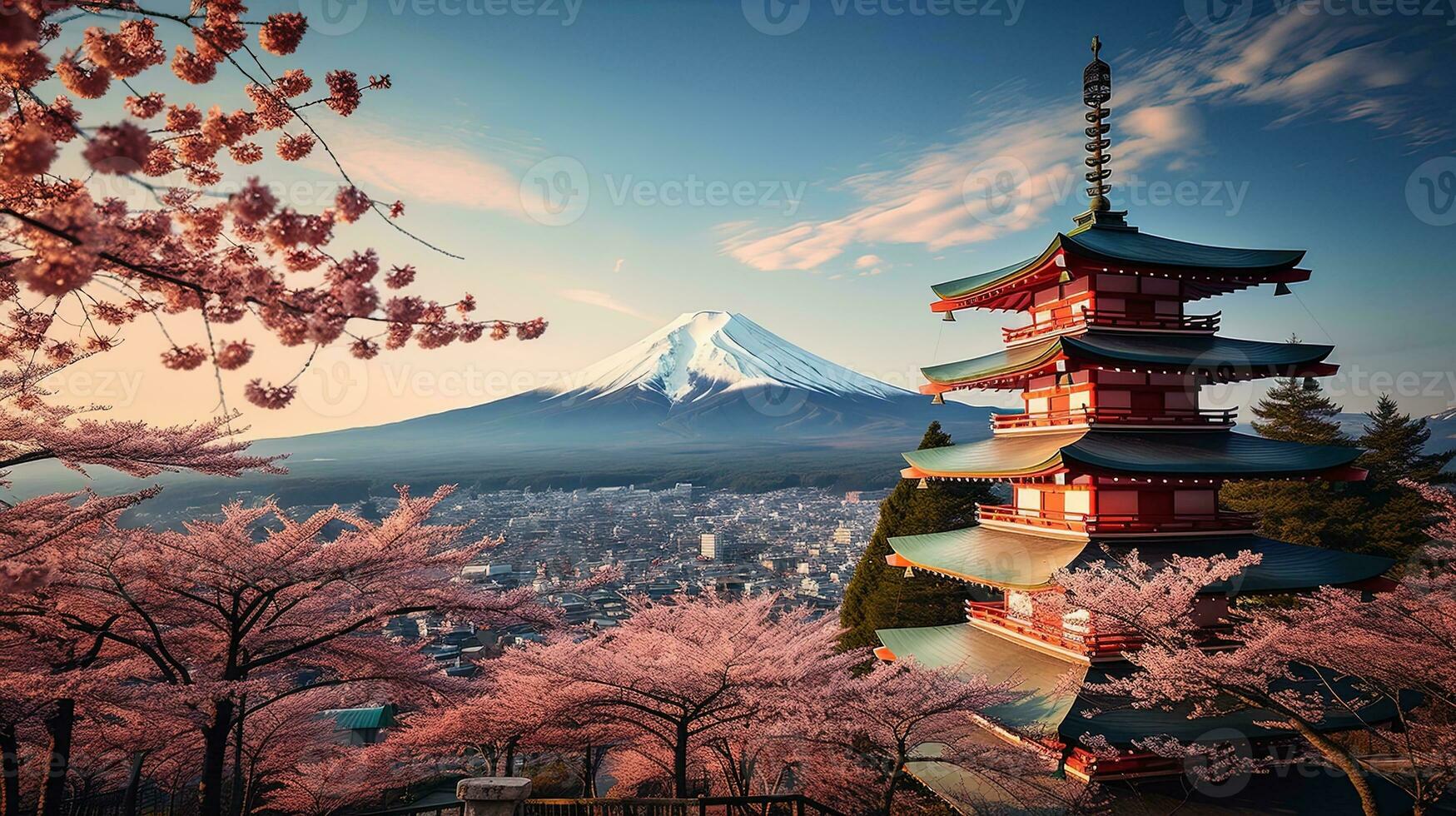 Foto von Chureito Pagode und montieren Fuji im Japan mit Kirsche Blüten im Frühling, generiert durch ai