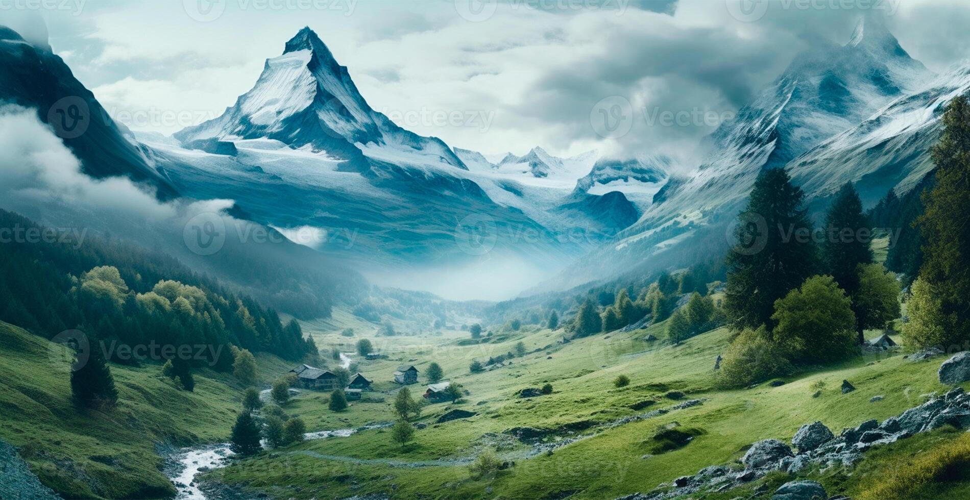 schön Sommer- nebelig Landschaft im das Berge von das Alpen, Reise im das Berge - - ai generiert Bild foto