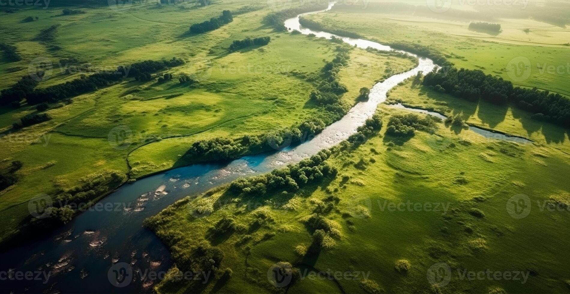 Panorama- oben Aussicht von ein Wicklung Fluss umgeben durch dicht Wald und geräumig Felder mit Grün Gras - - ai generiert Bild foto