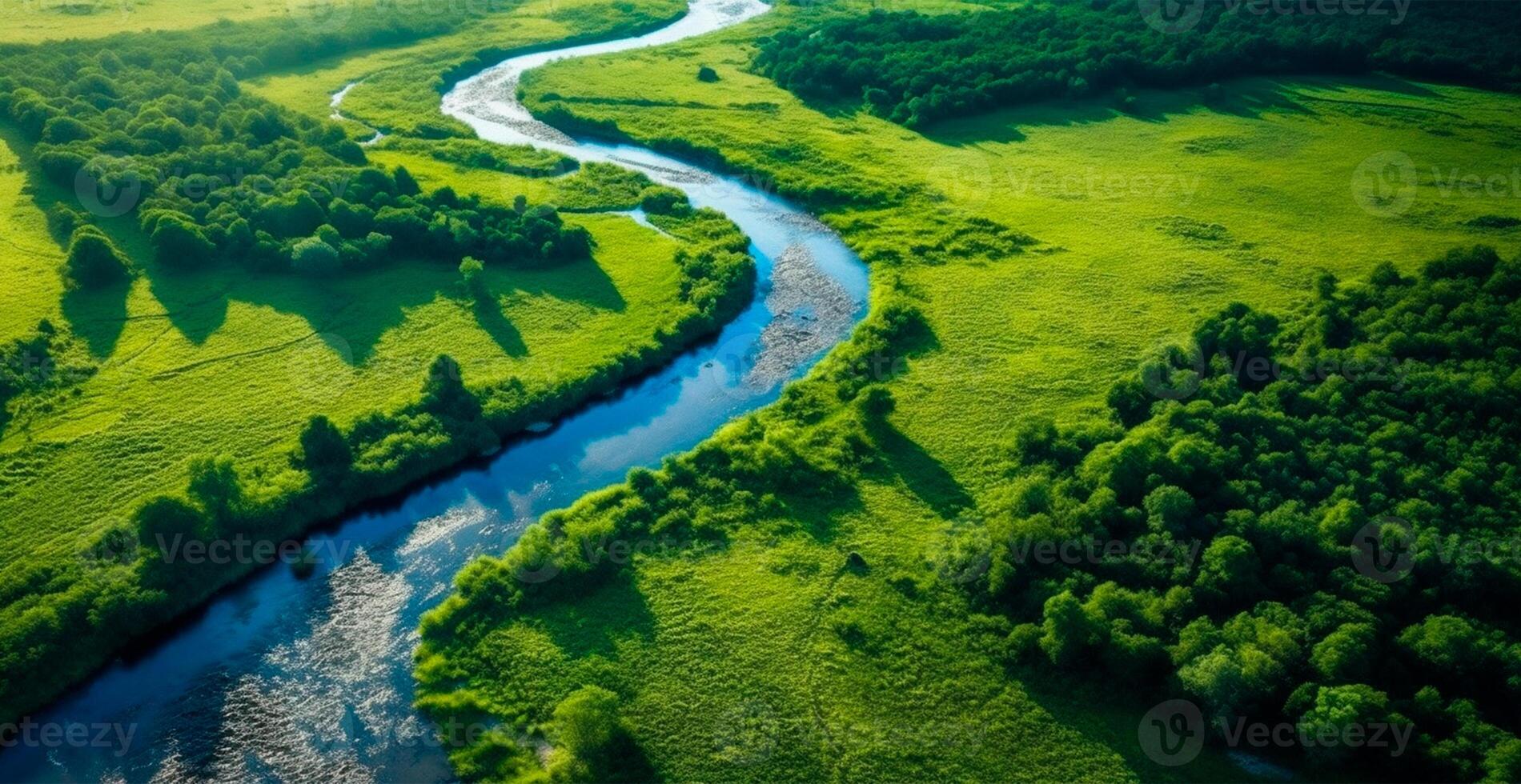 Panorama- oben Aussicht von ein Wicklung Fluss umgeben durch dicht Wald und geräumig Felder mit Grün Gras - - ai generiert Bild foto