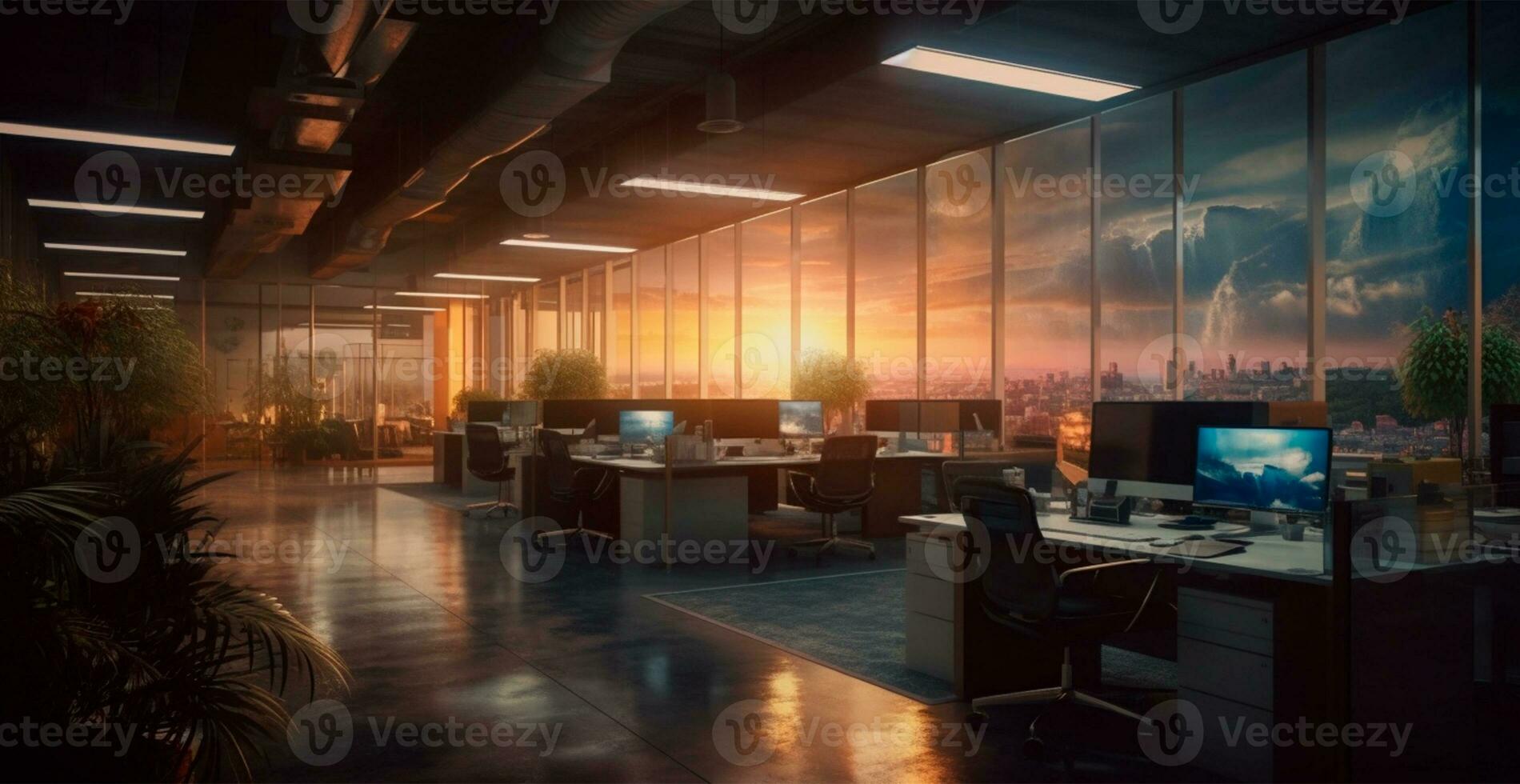 abstrakt Geschäft Halle Büro beim Sonnenuntergang - - ai generiert Bild foto