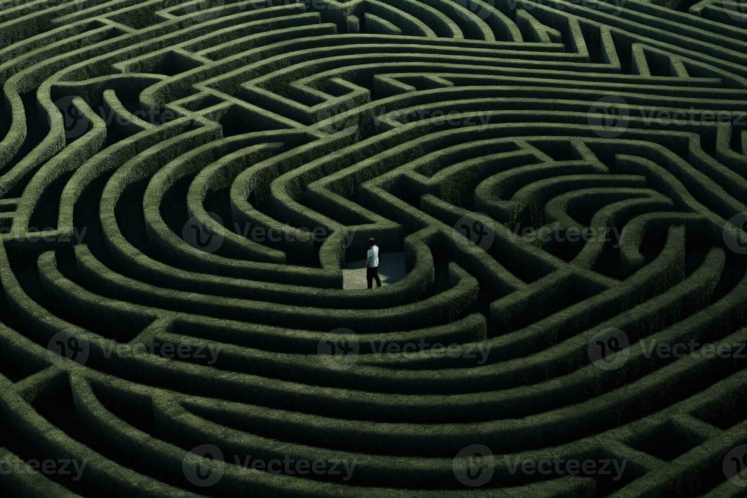 Mann Gehen im ein Komplex Labyrinth. surreal Konzept. generativ ai foto
