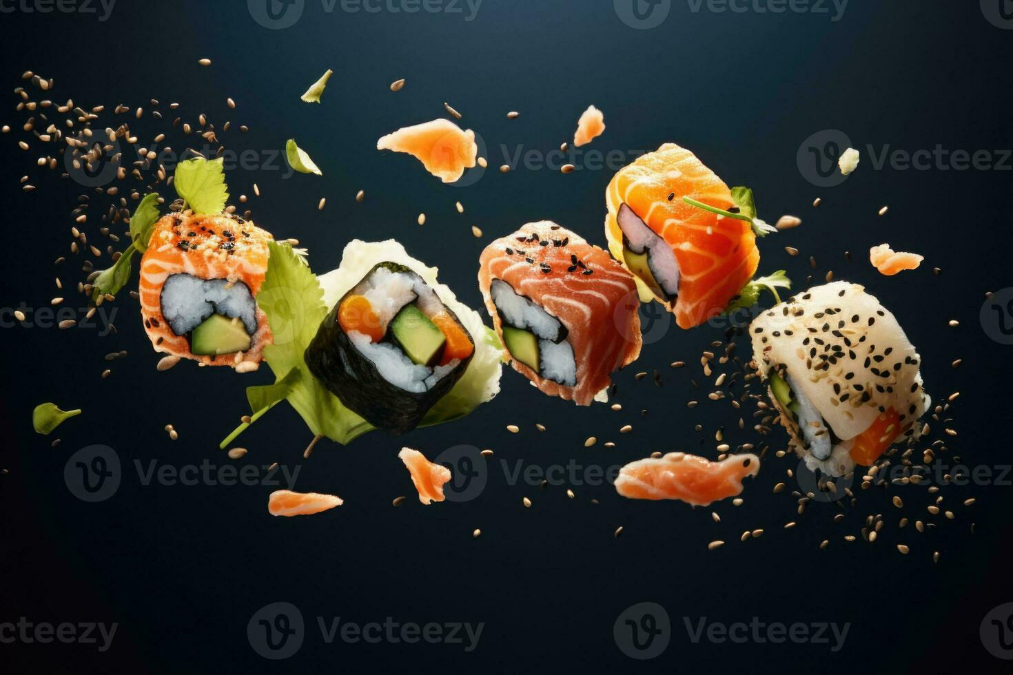 schweben Sushi und Rollen. fliegend Sushi Stücke. generativ ai foto