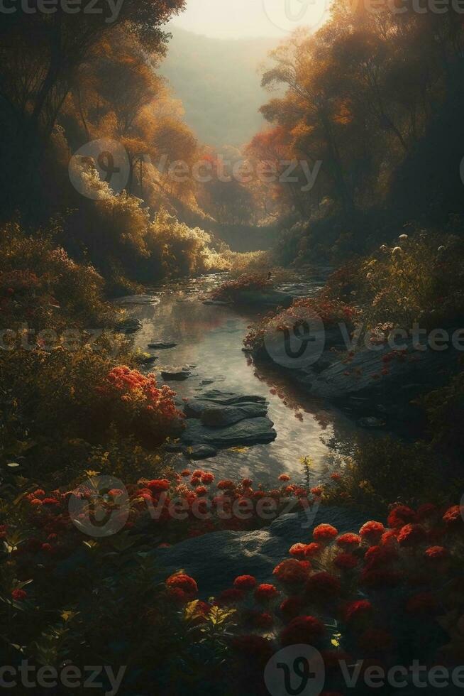 klein Fluss im das Wald, erstellt mit generativ ai foto