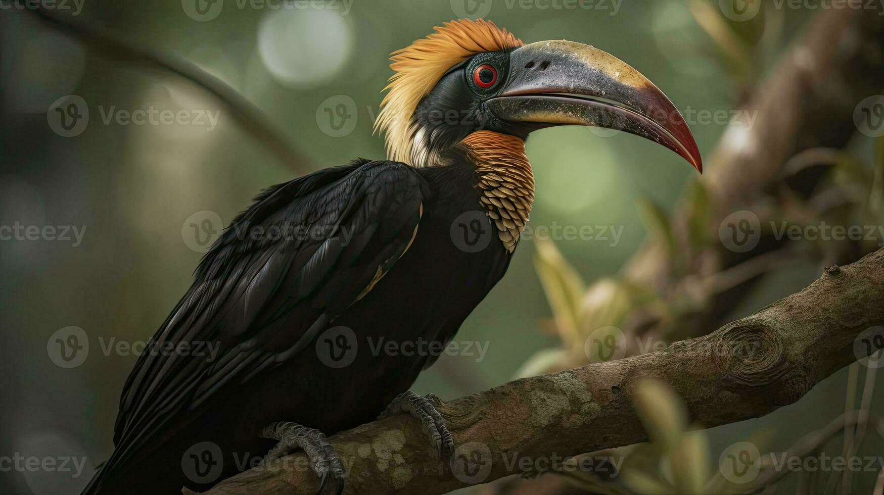 schließen oben Nashornvogel Vogel mit schwarz Flügel auf ein Baum mit verschwommen Hintergrund, ai generativ foto