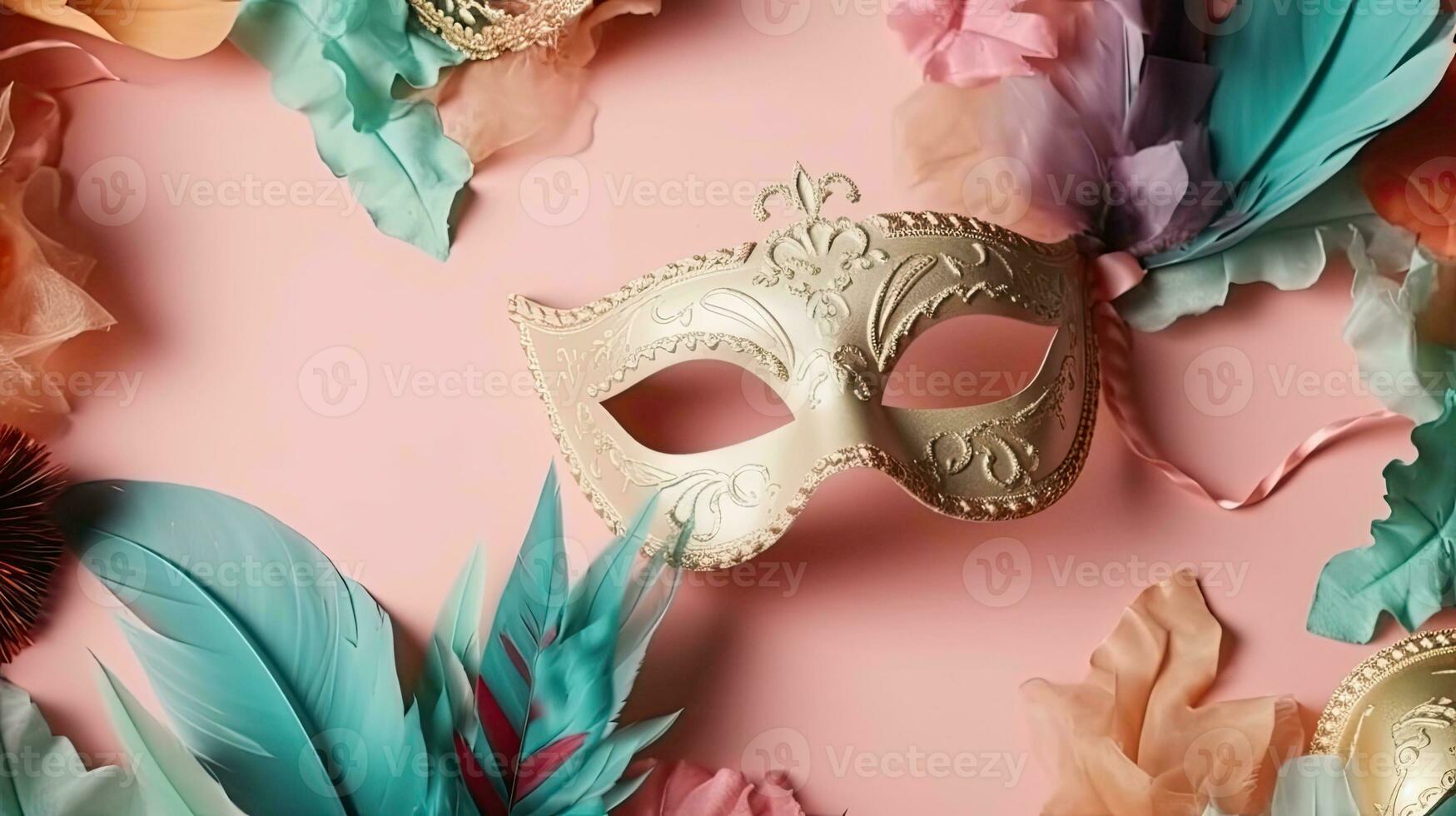 Hintergrund Design Verkauf Banner zum Karneval mit Karneval Masken auf Pastell- Hintergrund, ai generativ foto
