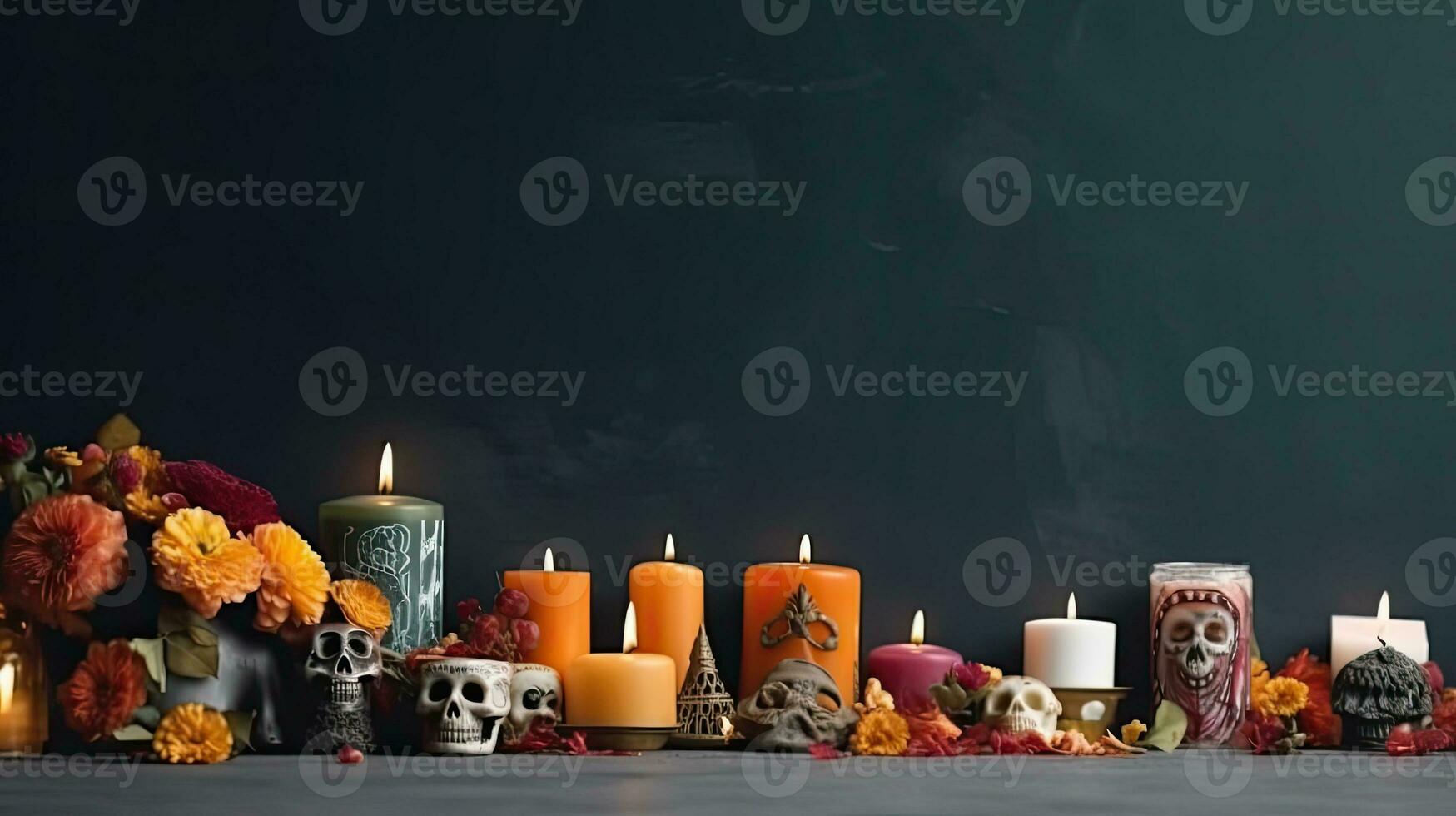 Tag von das tot Konzept Design von Schädel, Kerzen und Blumen zum Banner Hintergrund, ai generativ foto