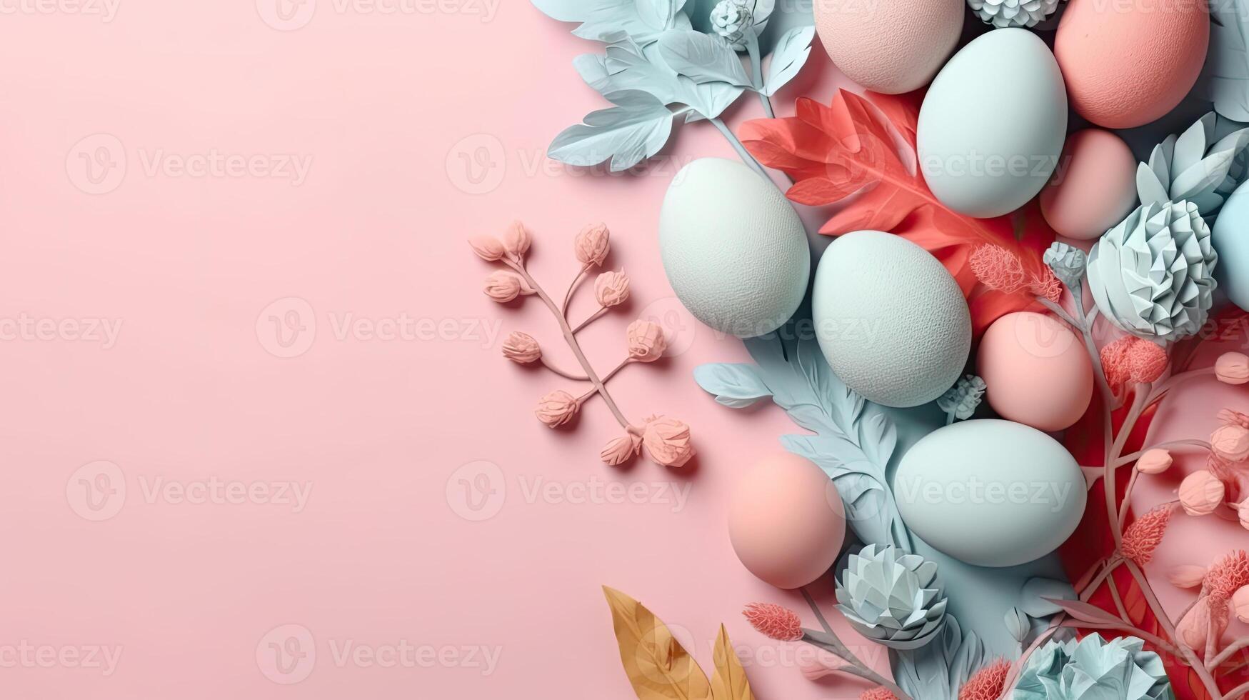 glücklich Ostern Tag zum Verkauf Banner Hintergrund mit bunt Eier und Pflanzen auf Pastell- Hintergrund, ai generativ foto