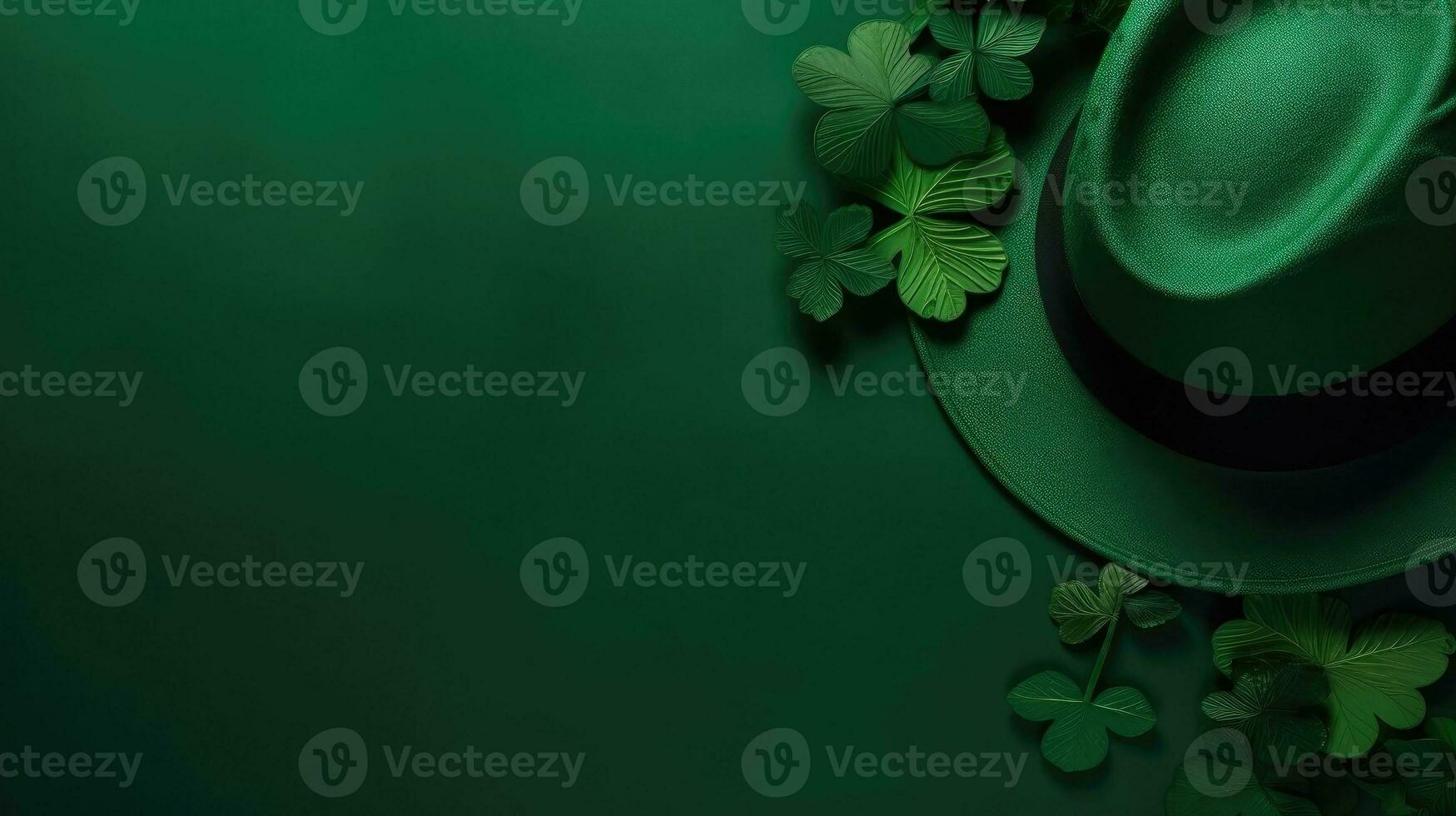 st Patrick's zum Verkauf Banner Hintergrund mit Grün Hut und Grün Blätter auf Grün Pastell- Hintergrund, ai generativ foto