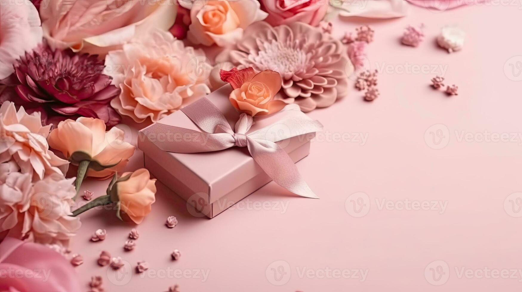 Valentinstag Tag Hintergrund Design mit ein Sammlung von Geschenk Box und Rosa Blumen, ai generativ foto