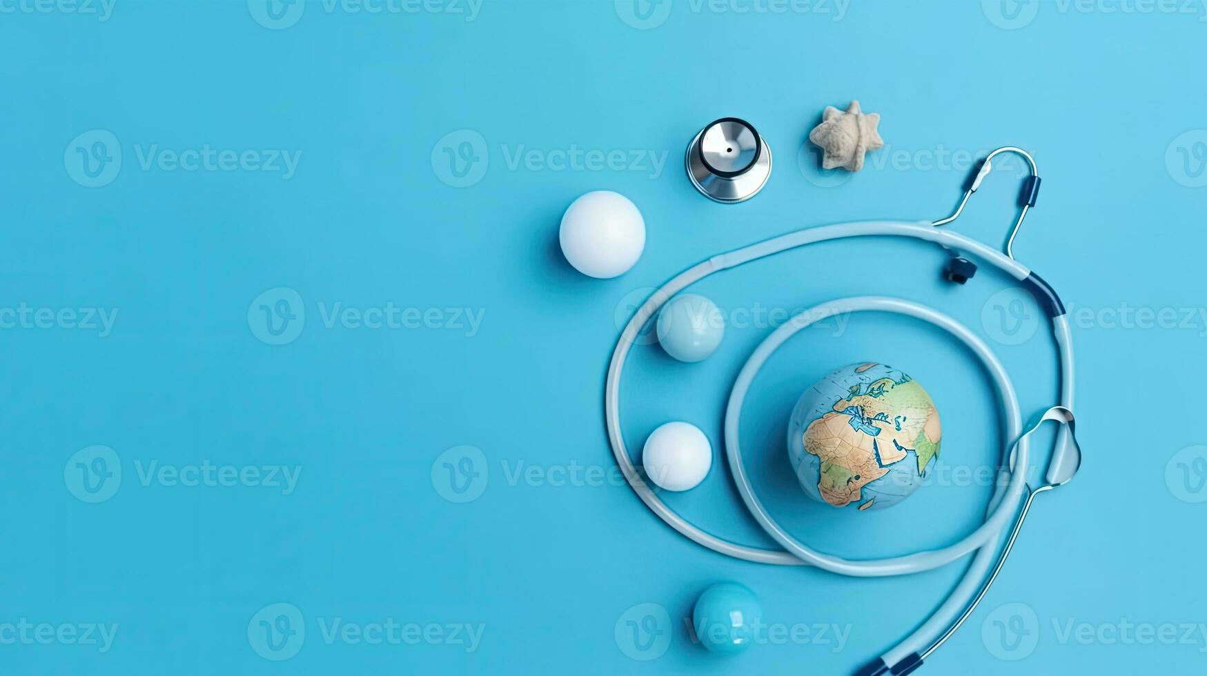 oben Aussicht von Welt Gesundheit Tag Banner Design von ein Stethoskop und Miniatur Erde auf Blau Hintergrund, ai generativ foto