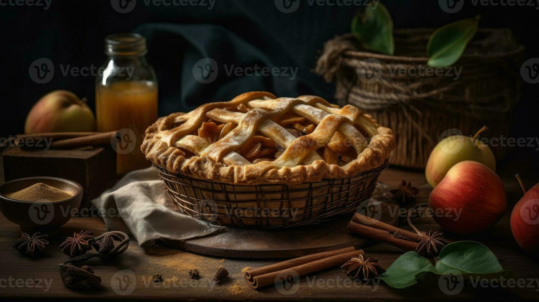 Süss Apfel Kuchen mit Komplett Komposition auf verwischen Hintergrund, ai generativ foto