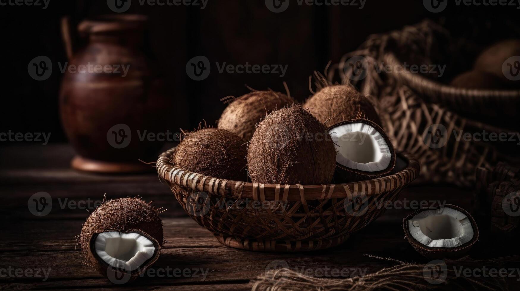 Nahansicht Kokosnüsse Früchte im ein Bambus Korb mit verschwommen Hintergrund, ai generativ foto