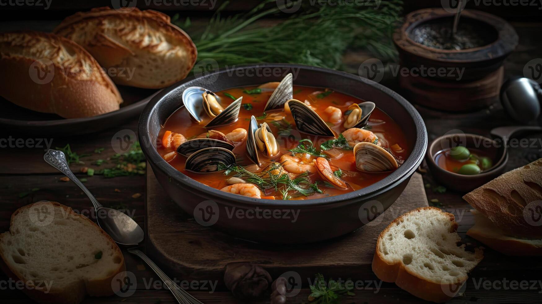 Cioppino Suppe mit Muschel Fleisch auf ein schwarz Teller und verwischen Hintergrund, ai generativ foto