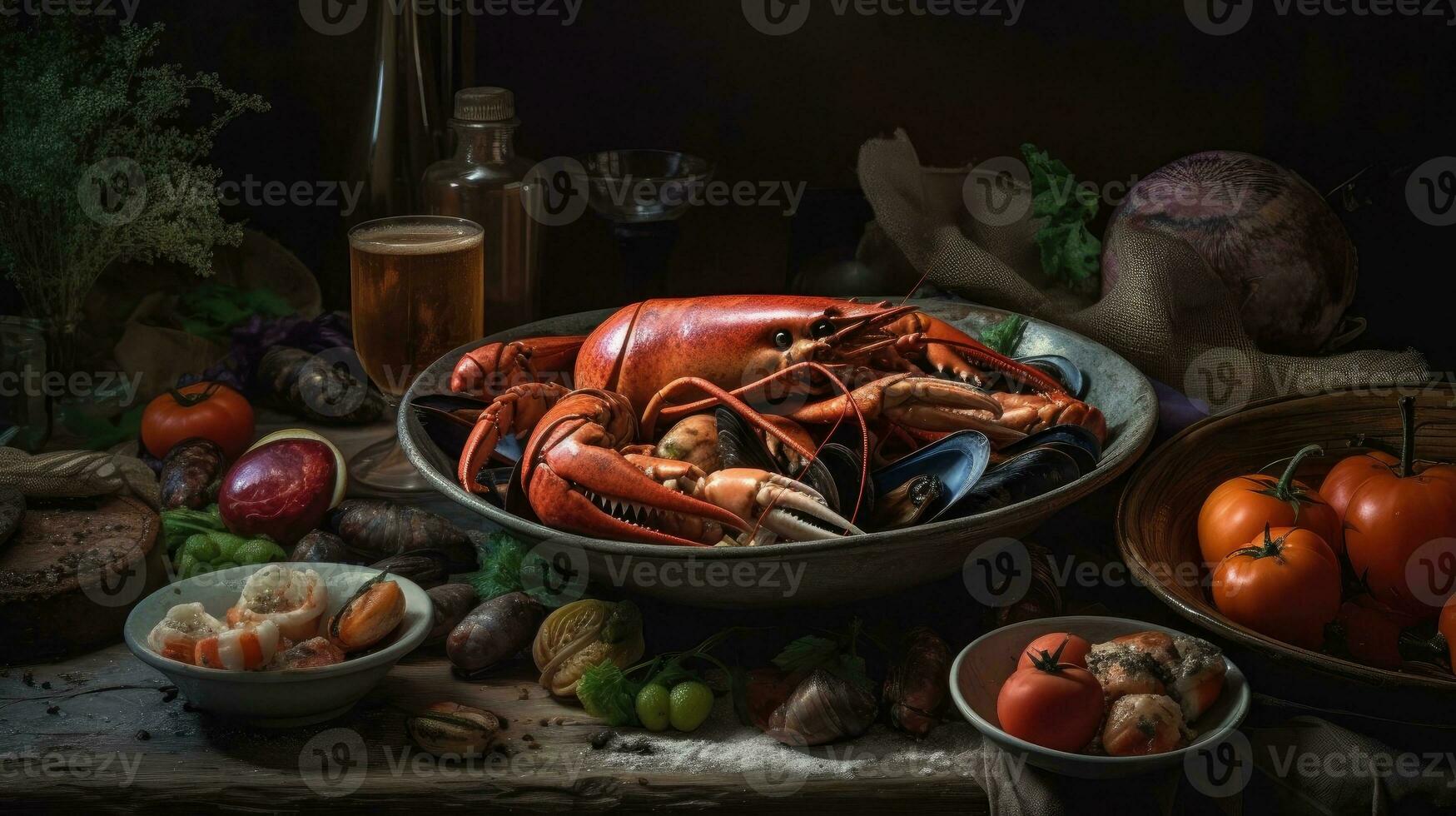 Cioppino Suppe mit Muschel Fleisch auf ein schwarz Teller und verwischen Hintergrund, ai generativ foto