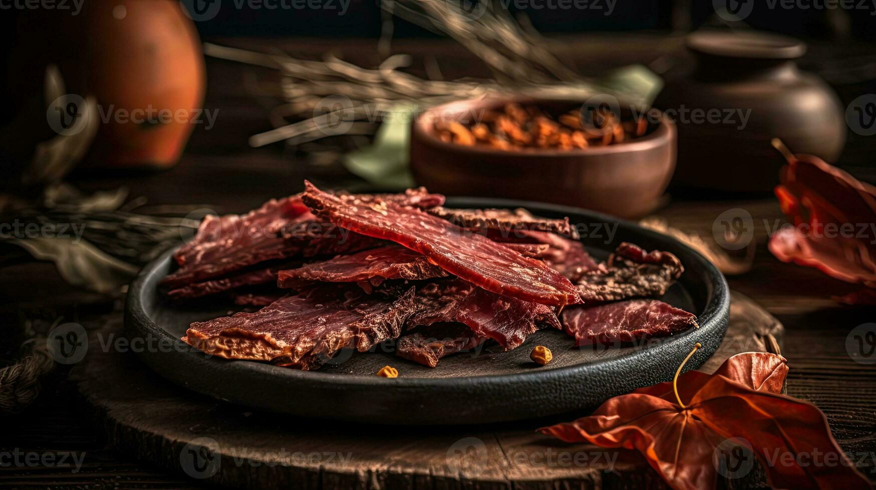 schließen oben würzig Rindfleisch ruckartig mit verschwommen Hintergrund, ai generativ foto