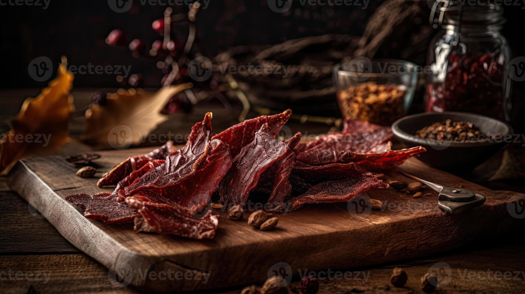 schließen oben würzig Rindfleisch ruckartig mit verschwommen Hintergrund, ai generativ foto