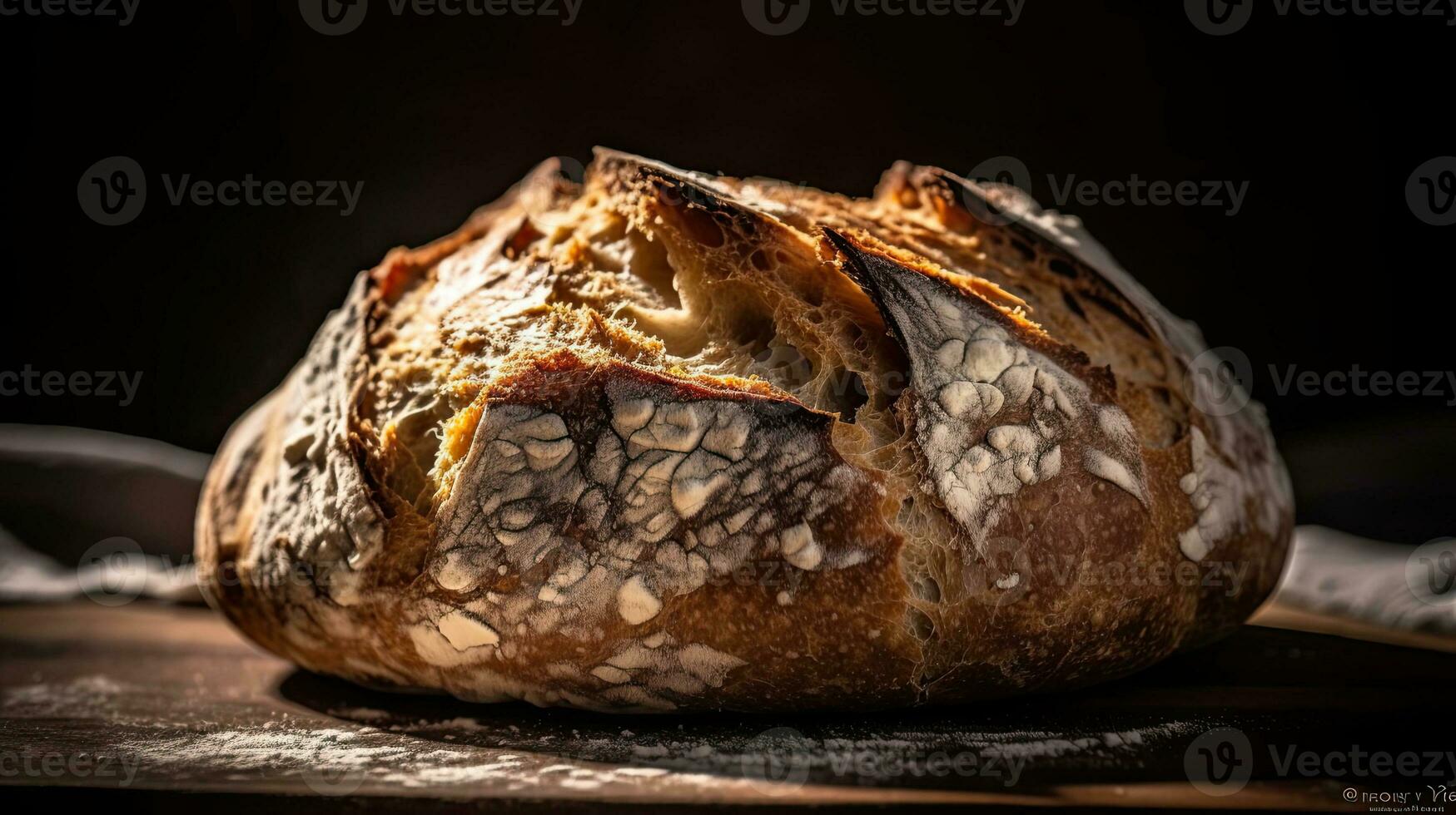 san Francisco Sauerteig Brot auf ein hölzern Tabelle mit ein verschwommen Hintergrund, ai generativ foto