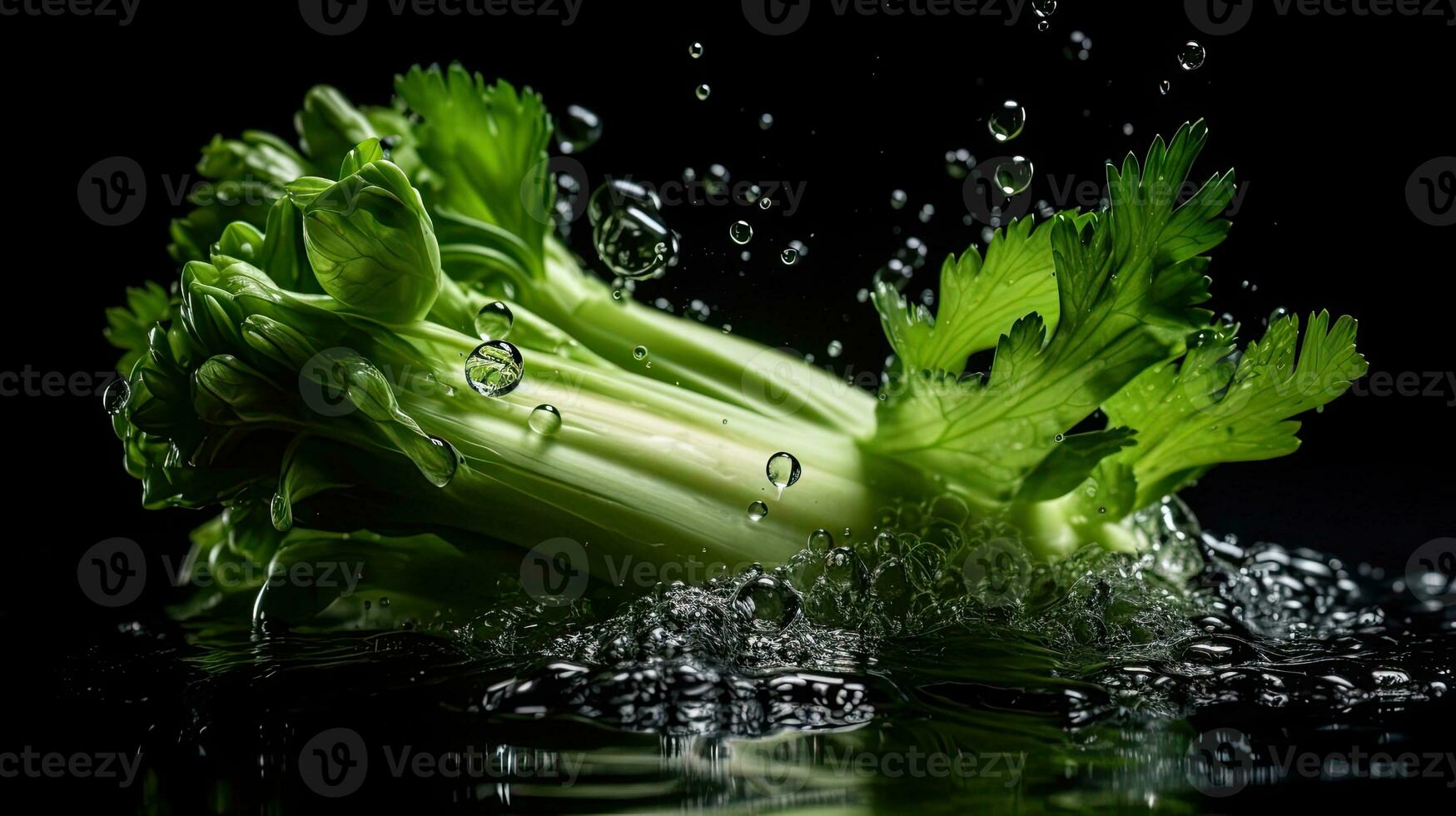 Sellerie Gemüse schlagen durch spritzt von Wasser mit schwarz verwischen Hintergrund, ai generativ foto