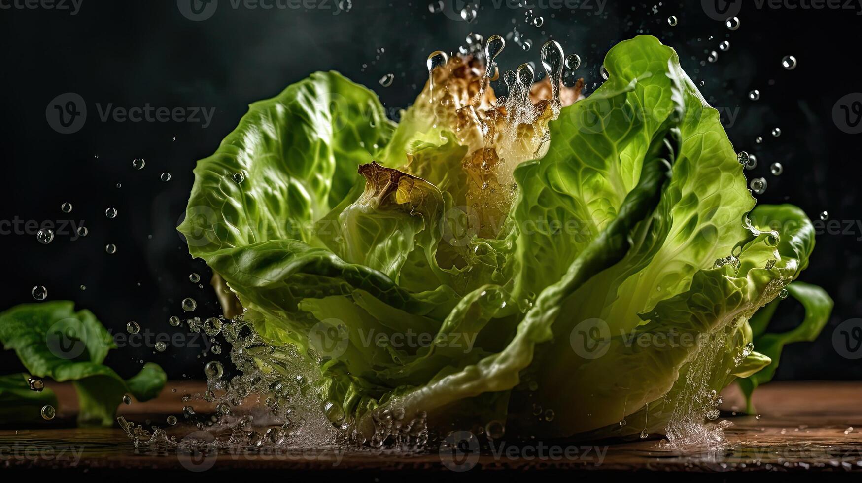 Nahansicht Grün Grüner Salat schlagen durch spritzt von Wasser mit schwarz verwischen Hintergrund, ai generativ foto